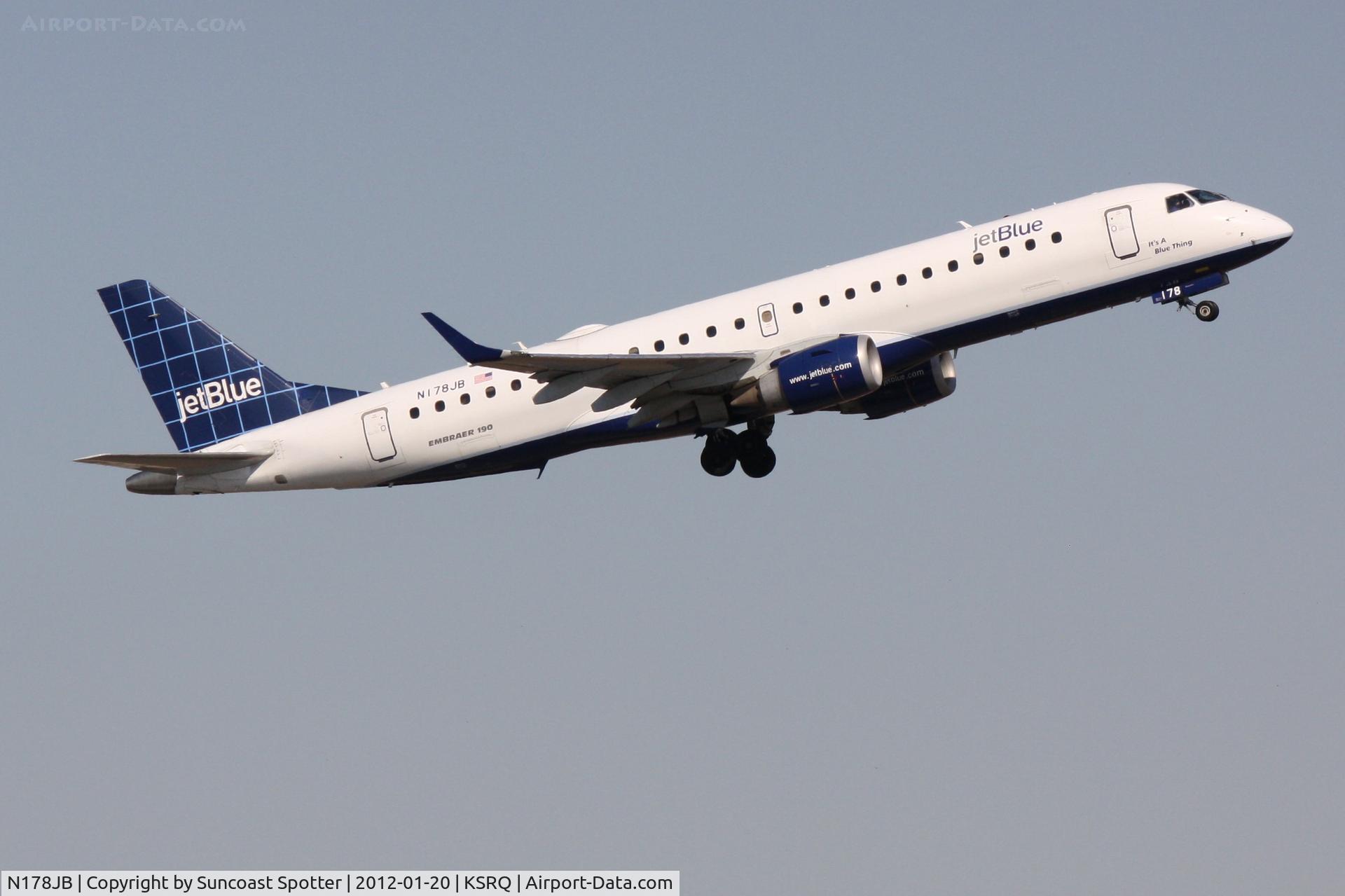 N178JB, 2005 Embraer 190AR (ERJ-190-100IGW) C/N 19000004, Jet Blue Flight 1188 departs from Runway 14 at Sarasota-Bradenton International Airport enroute to Boston Logan International Airport