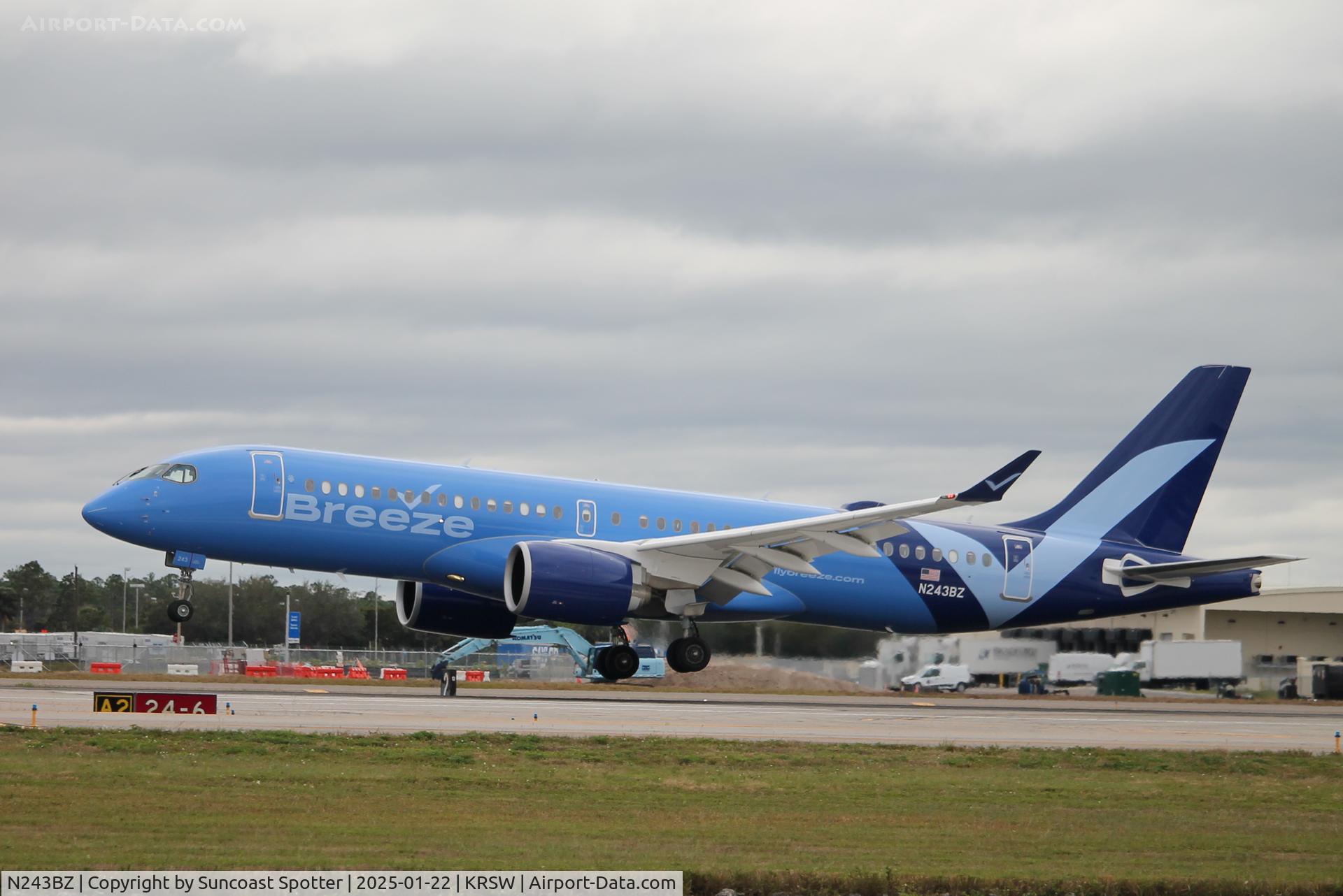 N243BZ, 2024 Airbus A220-371 C/N 55313, Breeze Flight 747 arrives on Runway 6 at Southwest Florida International Airport following flight from Akron-Canton International Airport