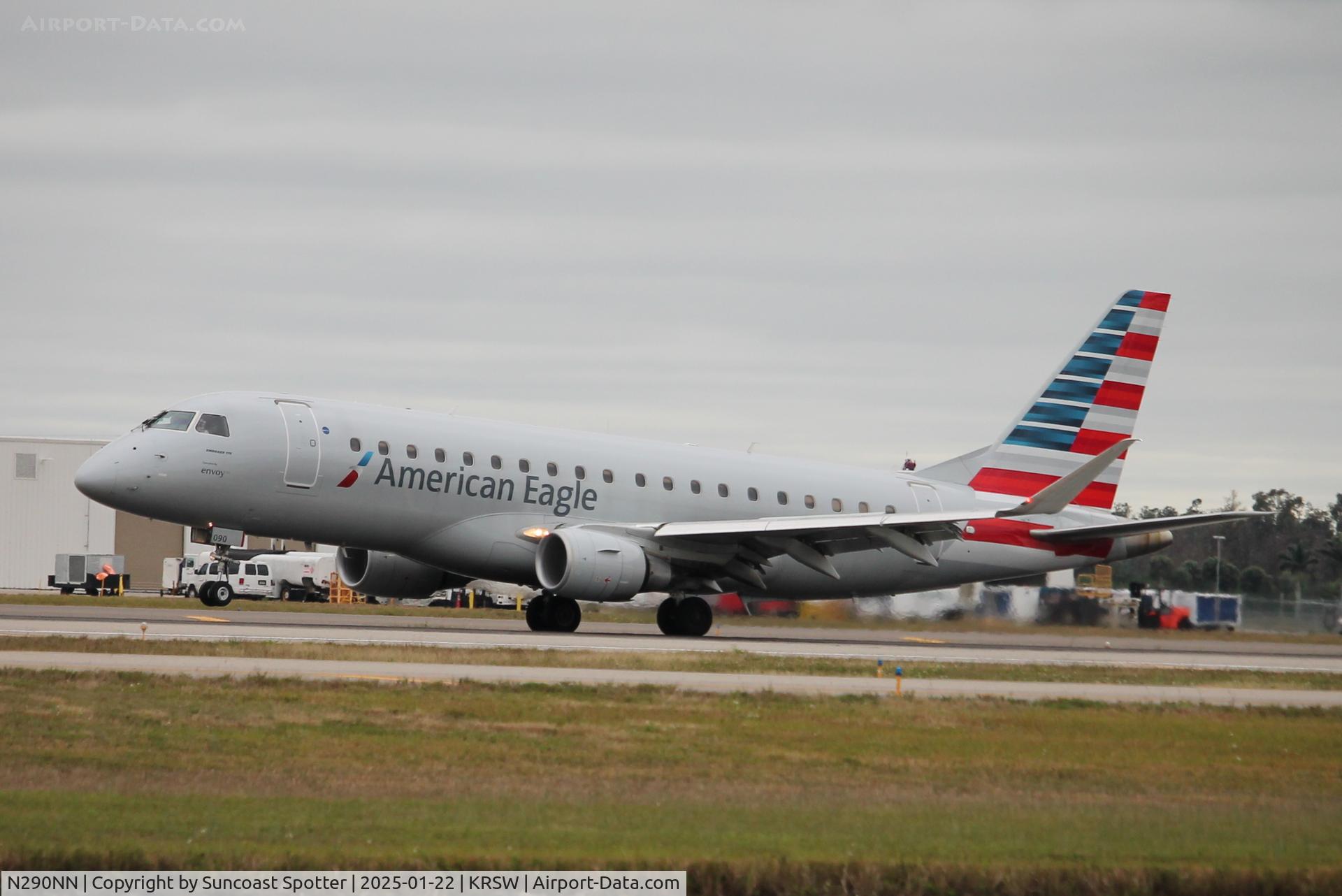 N290NN, 2020 Embraer 175LR (ERJ-170-200LR) C/N 17000841, American Flight 3690 operated by Envoy arrives on Runway 6 at Southwest Florida International Airport following flight from Reagan National Airport