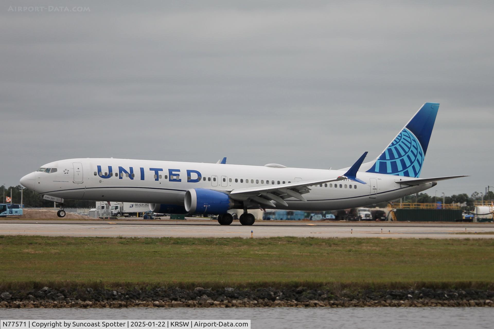 N77571, 2023 Boeing 737-9 Max C/N 67193, United Flight 2059 arrives on Runway 6 at Southwest Florida International Airport following flight from Newark-Liberty International Airport