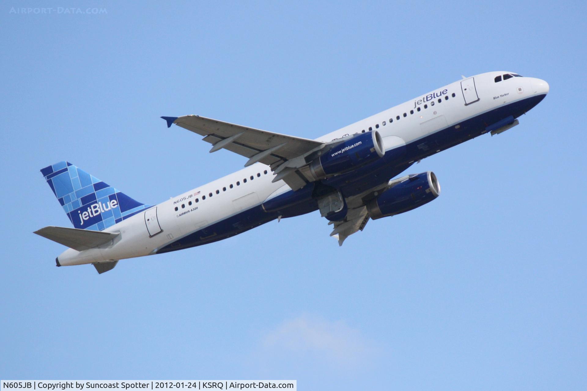 N605JB, 2005 Airbus A320-232 C/N 2368, Jet Blue Flight 346 departs Runway 14 at Sarasota-Bradenton International Airport enroute to John F Kennedy International Airport