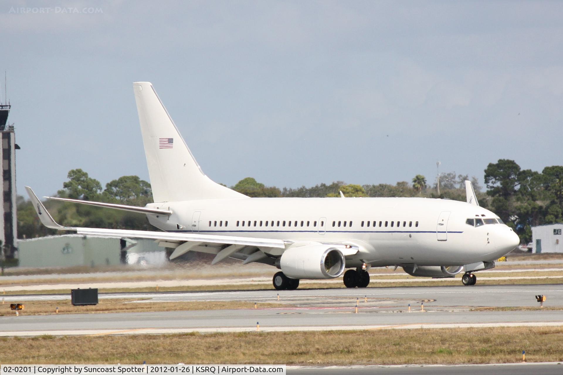02-0201, 2000 Boeing C-40C Clipper (737-7BC BBJ) C/N 30755, A Boeing Clipper operated by the 201st Airlift Squadron of the DC National Guard arrives at Sarasota-Bradenton International on VIP detail as First Lady Michelle Obama visits Sarasota