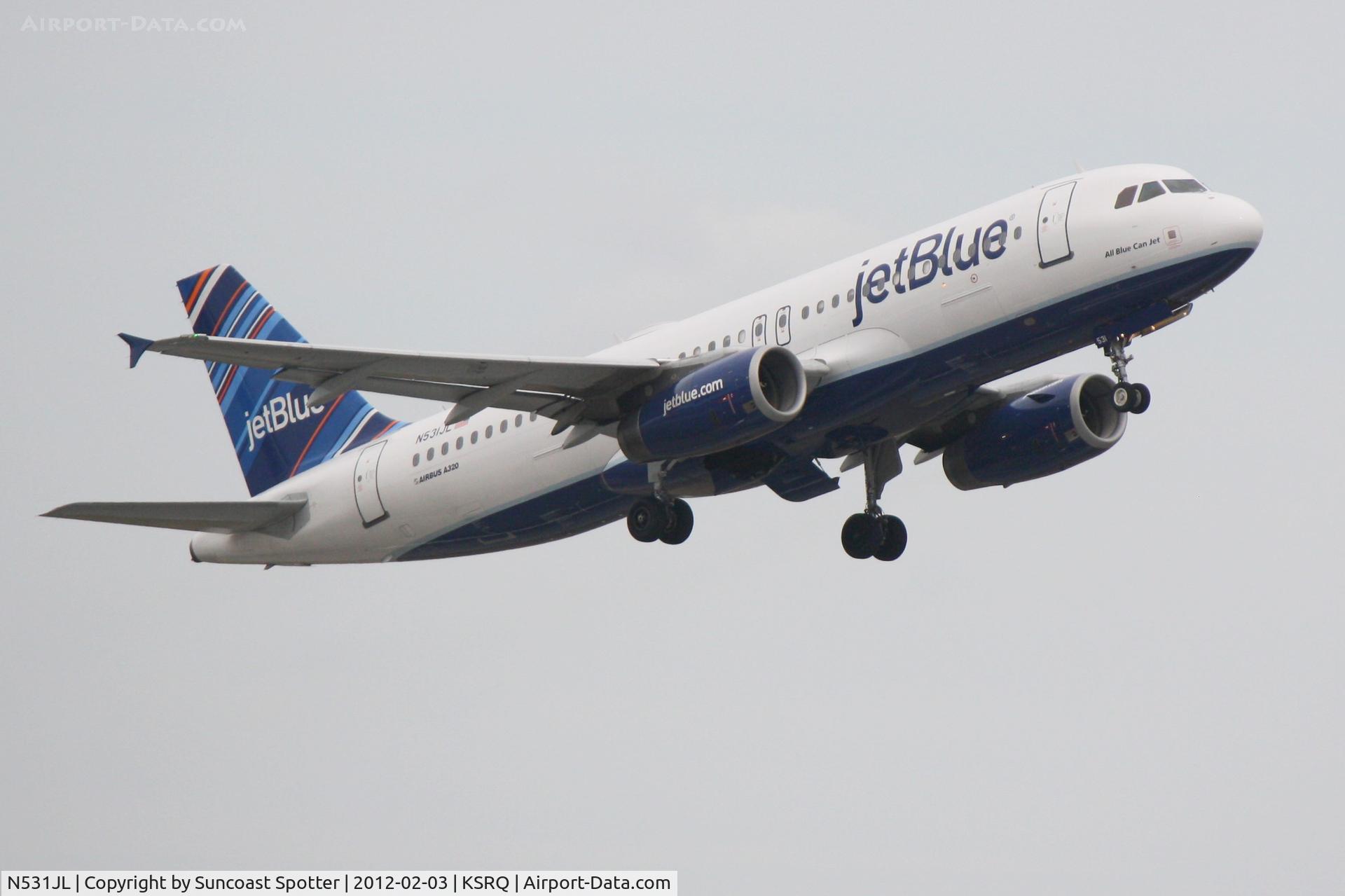 N531JL, 2001 Airbus A320-232 C/N 1650, Jet Blue Flight 346 departs Runway 14 at Sarasota-Bradenton International Airport enroute to John F Kennedy International Airport