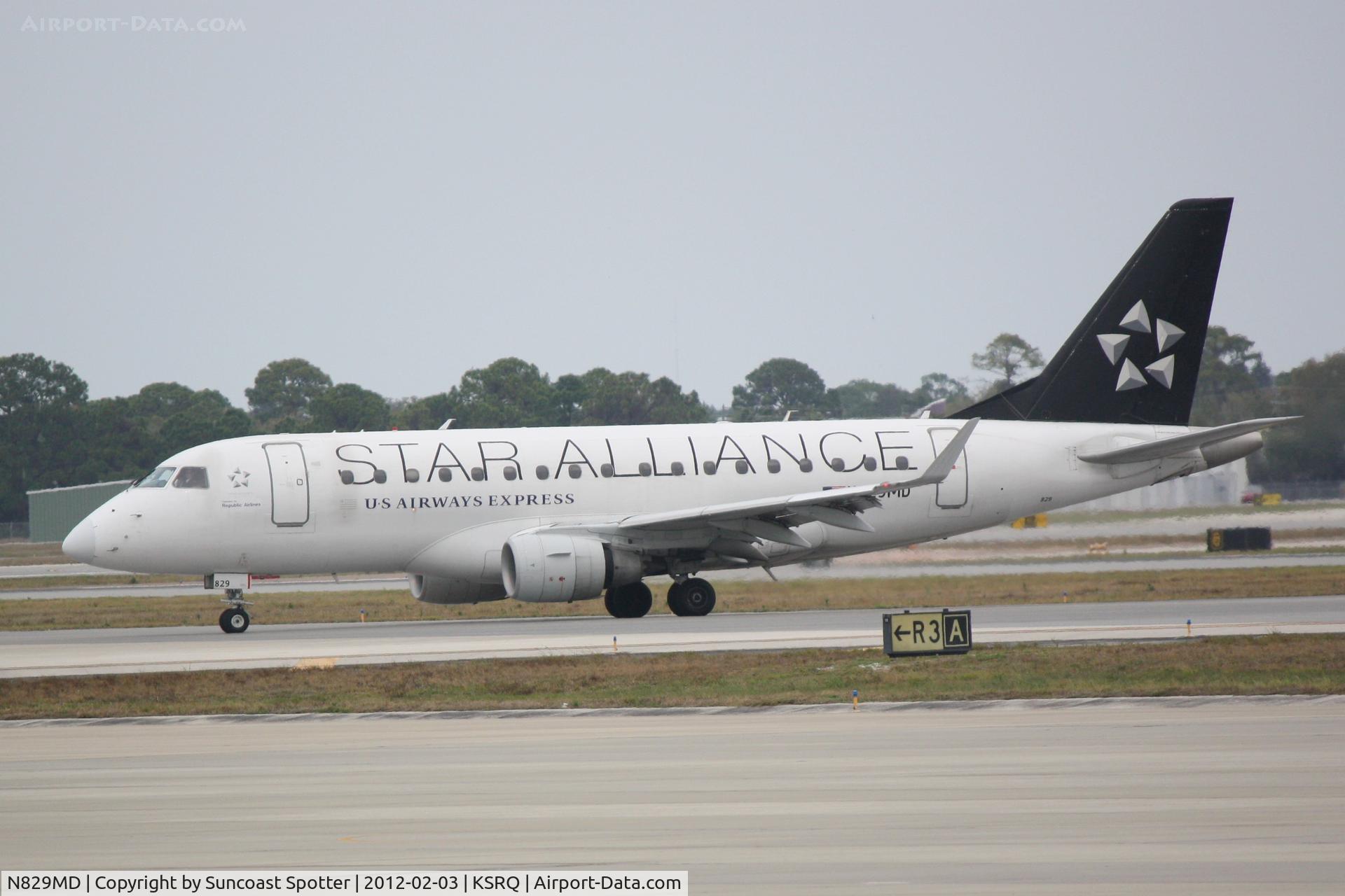 N829MD, 2005 Embraer 170SU (ERJ-170-100SU) C/N 17000049, Republic Airlines/US Airways Express Flight 3399 arrives at Sarasota-Bradenton International Airport following a flight from Reagan National Airport
