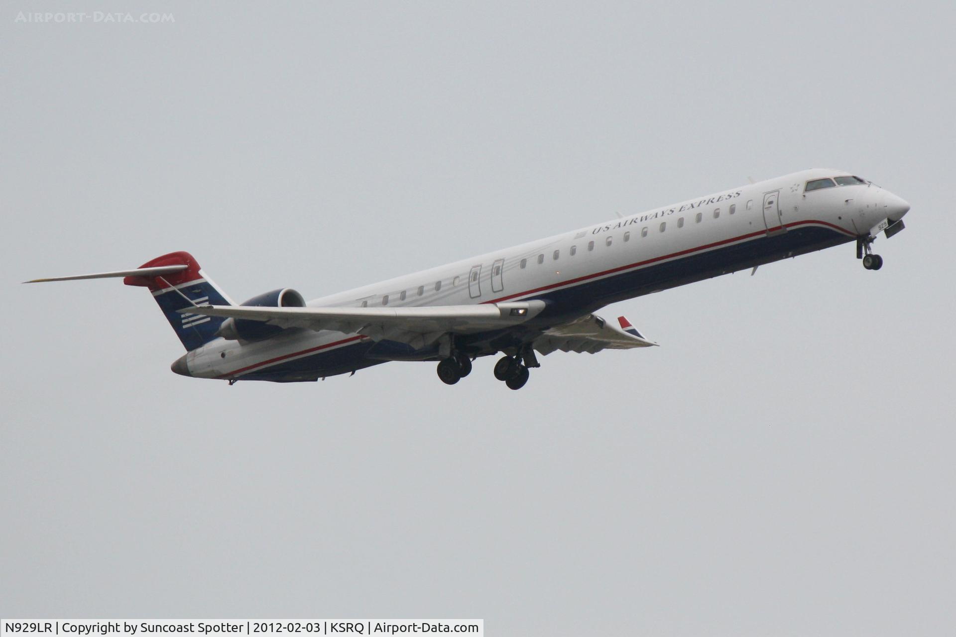 N929LR, 2005 Bombardier CRJ-900ER (CL-600-2D24) C/N 15029, Mesa Airlines/US Airways Express Flight 2647 departs Runway 14 at Sarasota-Bradenton International Airport enroute to Charlotte Douglas International Airport