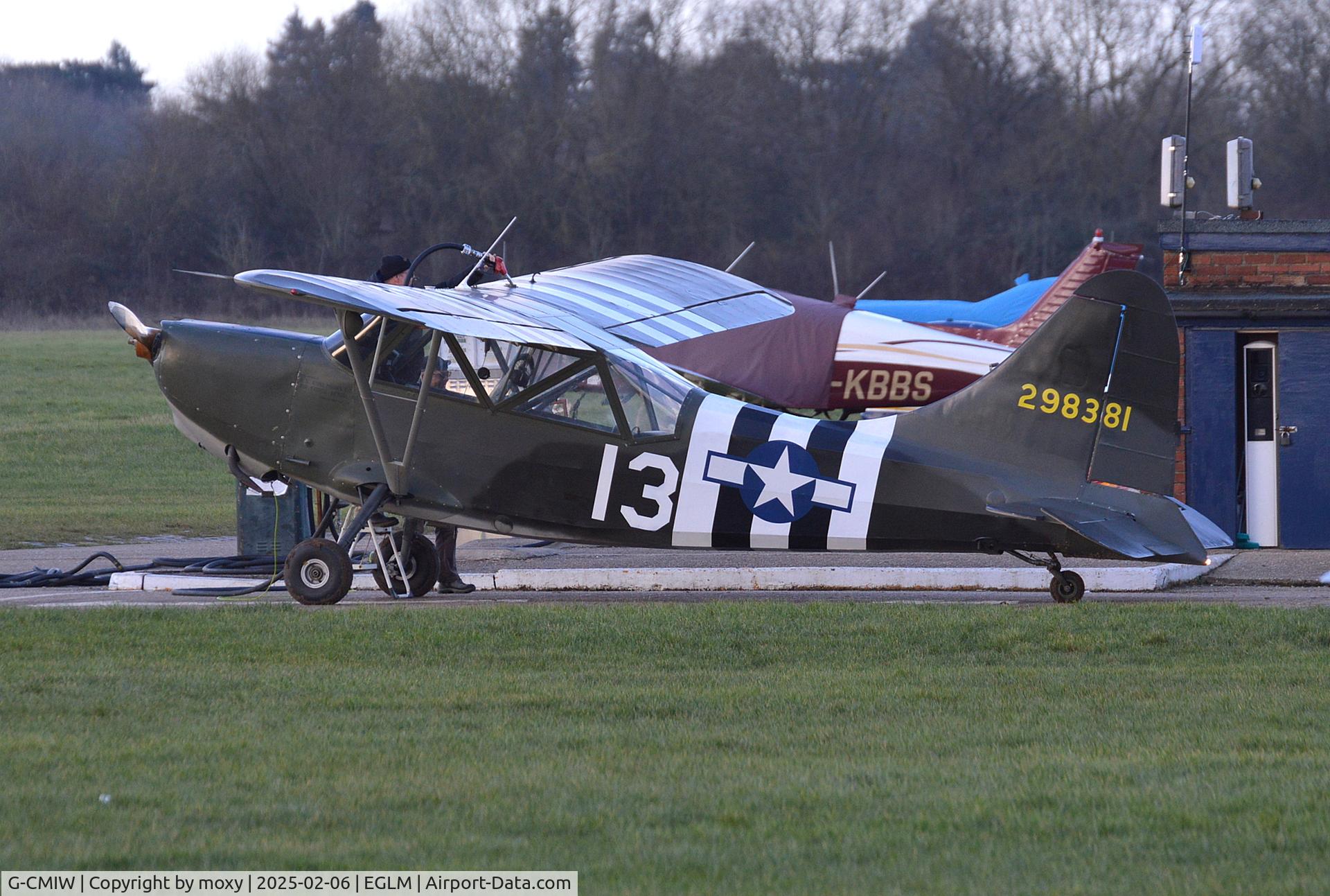 G-CMIW, 1943 Consolidated Vultee - Stinson L-5 Sentinel C/N 76-1931, Consolidated Vultee - Stinson L-5 Sentinel at White Waltham. Ex 42-98680 and C-FEEF