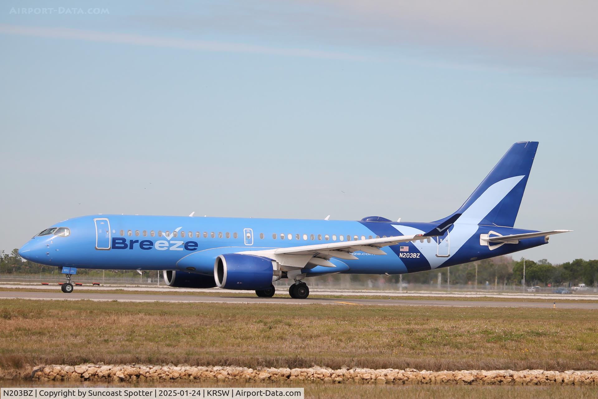 N203BZ, 2021 Airbus A220-300 C/N 55128, Breeze Flight 941 taxis at Southwest Florida International Airport prior to flight to Tweed New Haven Airport