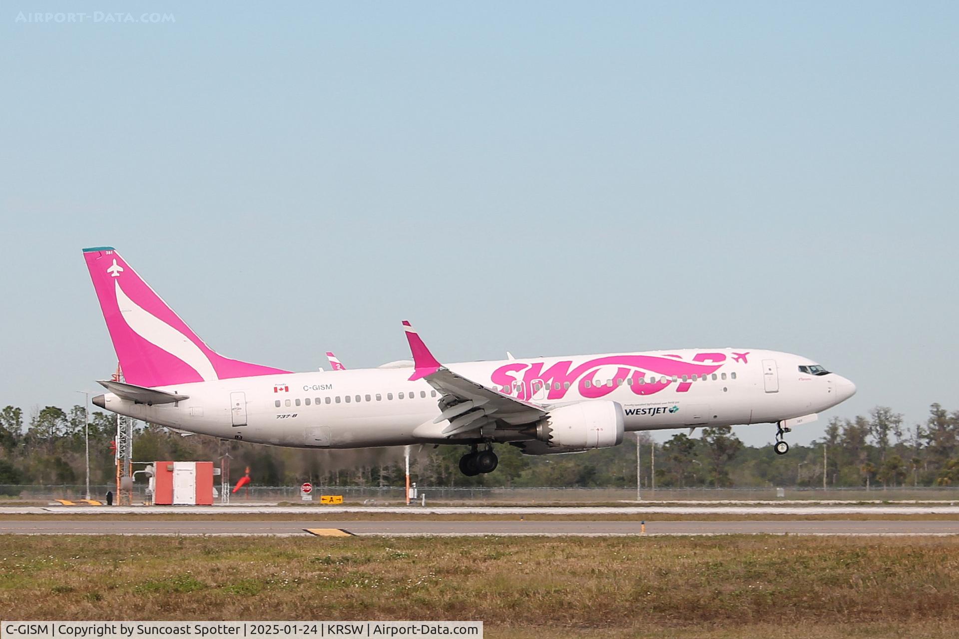 C-GISM, 2019 Boeing 737-8 MAX C/N 42840, WestJet Flight 1236 arrives on Runway 6 at Southwest Florida International Airport following flight from Toronto-Pearson International Airport