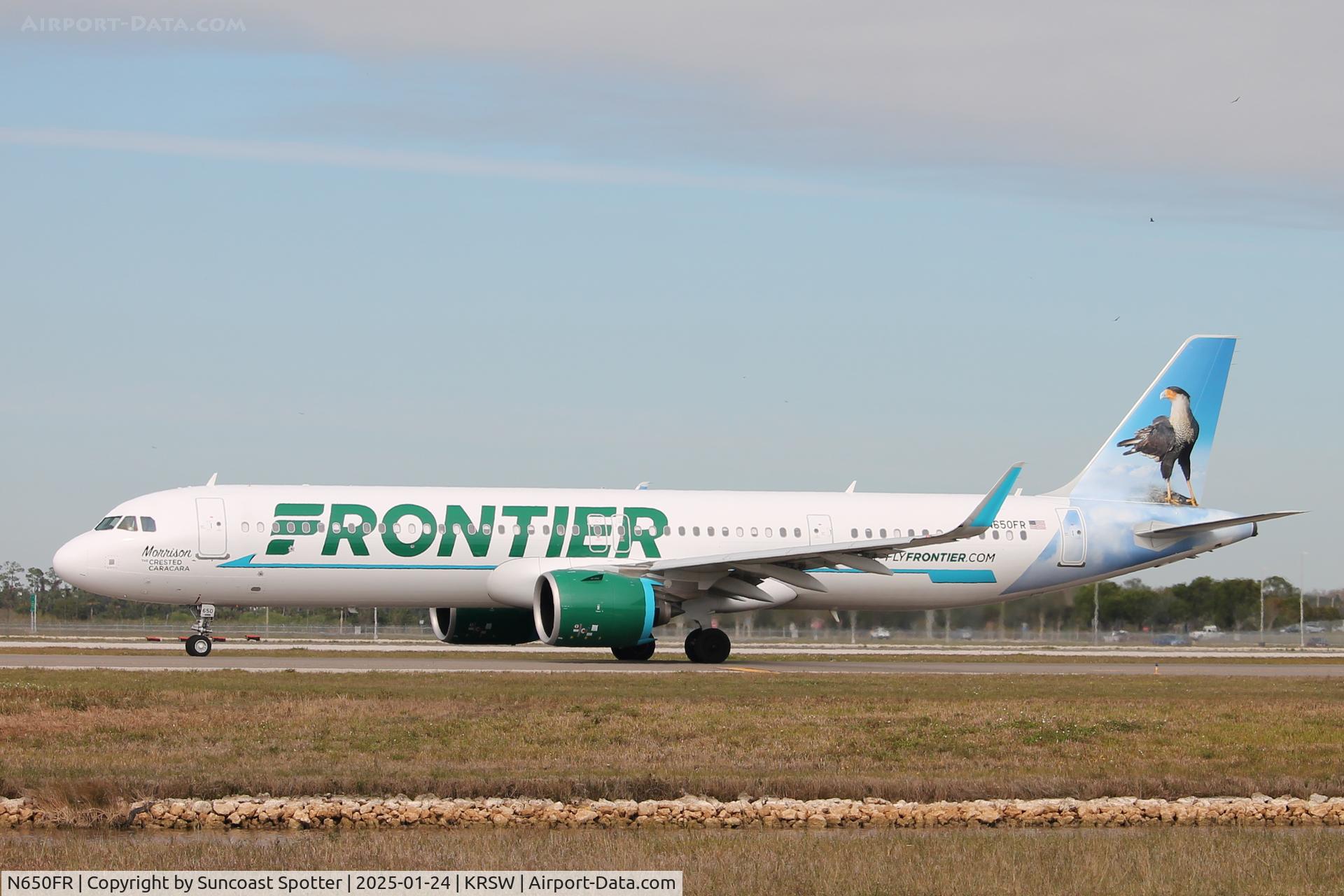 N650FR, 2024 Airbus A321-271NX C/N 11968, Frontier Flight 1543 taxis at Southwest Florida International Airport prior to flight to Cleveland-Hopkins International Airport