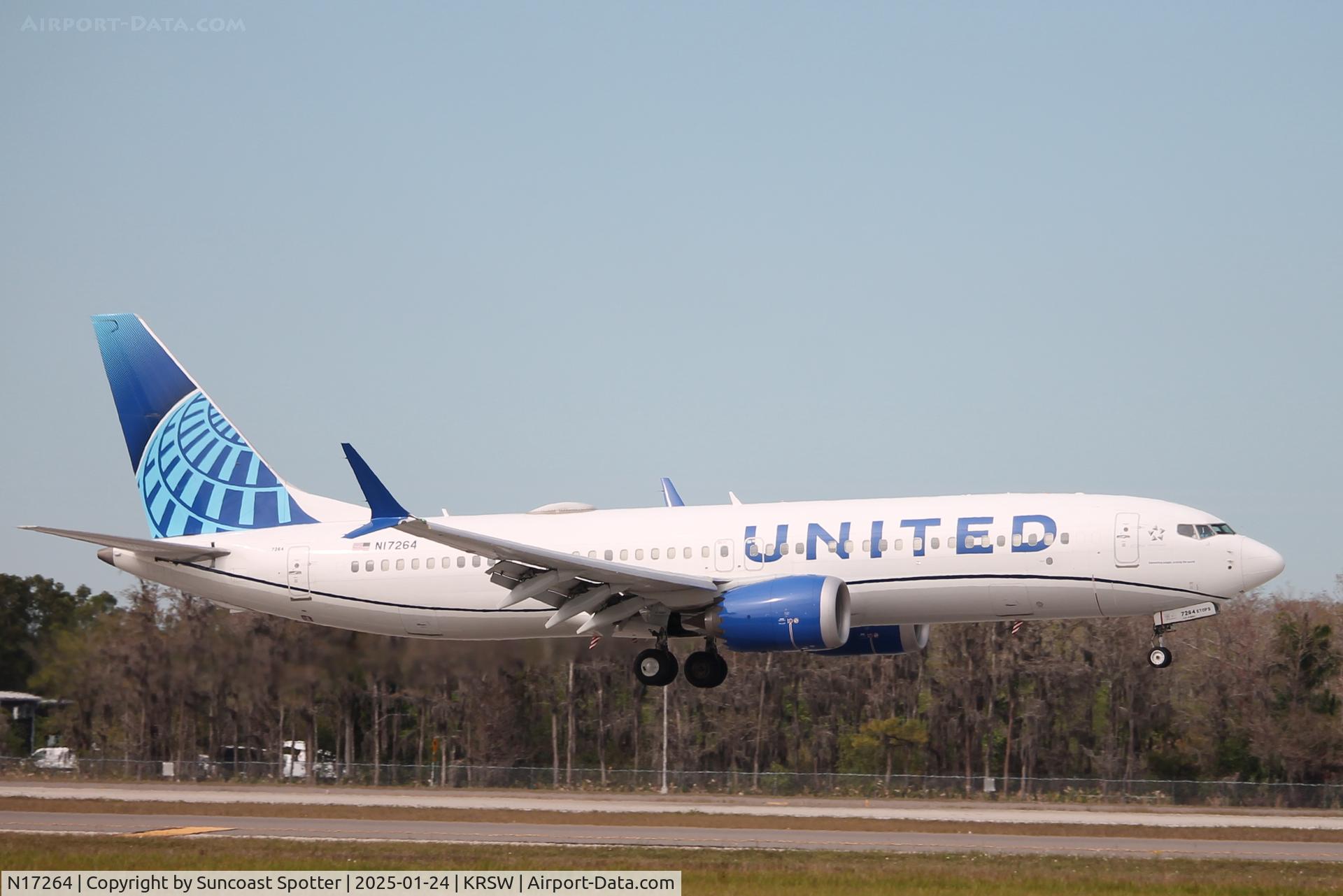 N17264, 2021 Boeing 737 MAX 8 C/N 8129, United Flight 1573 arrives on Runway 6 at Southwest Florida International Airport following flight from Houston-Bush Intercontinental Airport