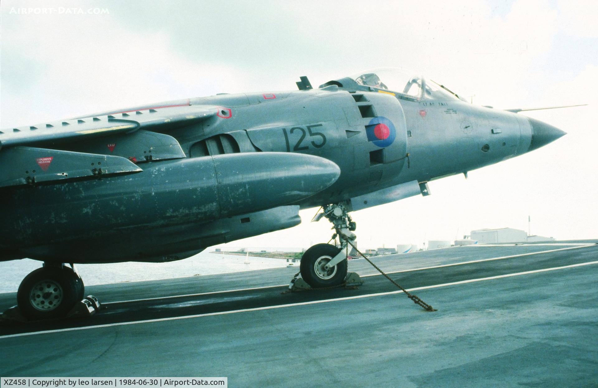 XZ458, 1980 British Aerospace Sea Harrier FRS.1 C/N 41H-912012, On board Illustrious Copenhagen harbor 30.6.1984