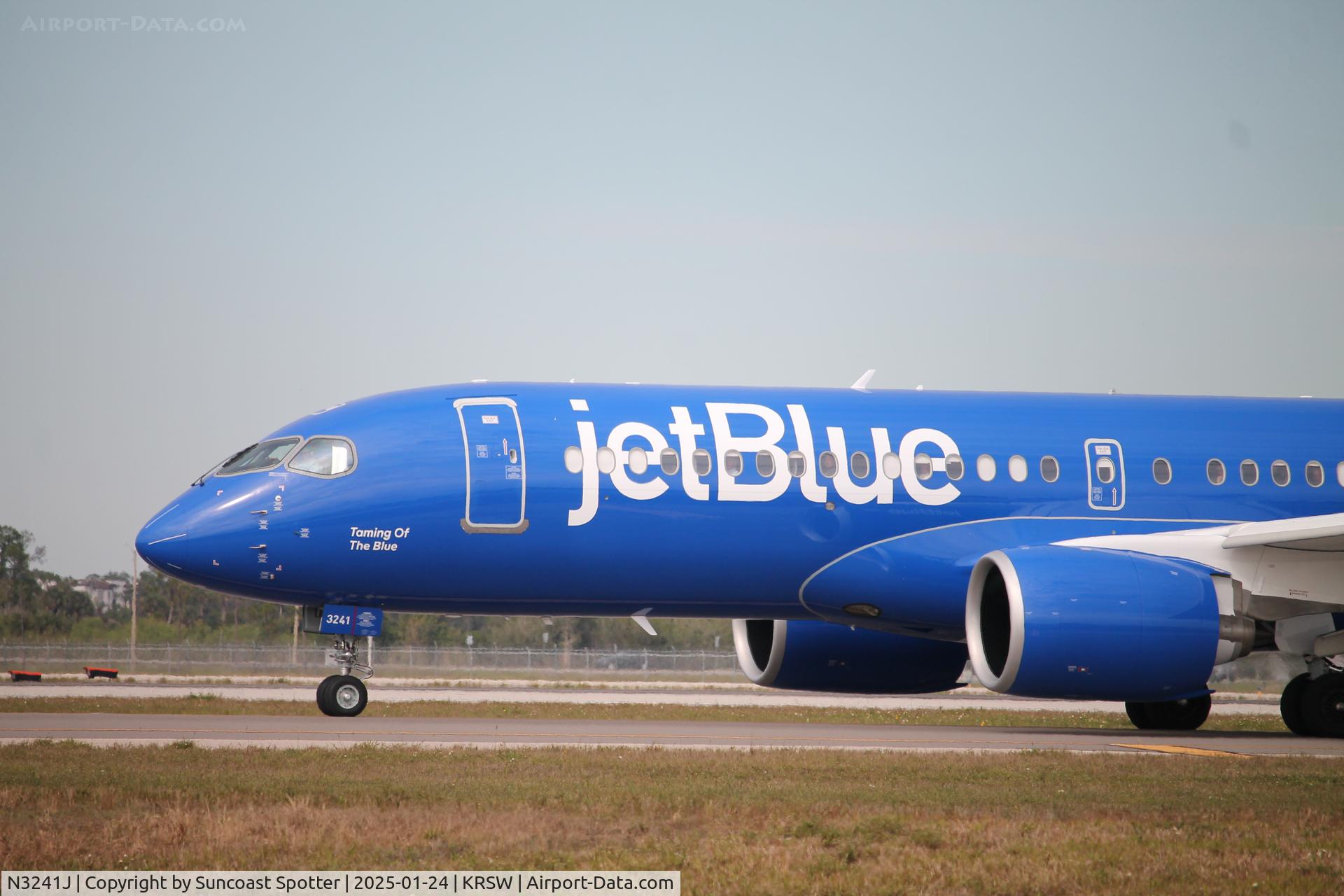 N3241J, 2024 Airbus A220-371 C/N 55315, JetBlue Flight 2066 taxis at Southwest Florida International Airport prior to flight to Boston-Logan International Airport