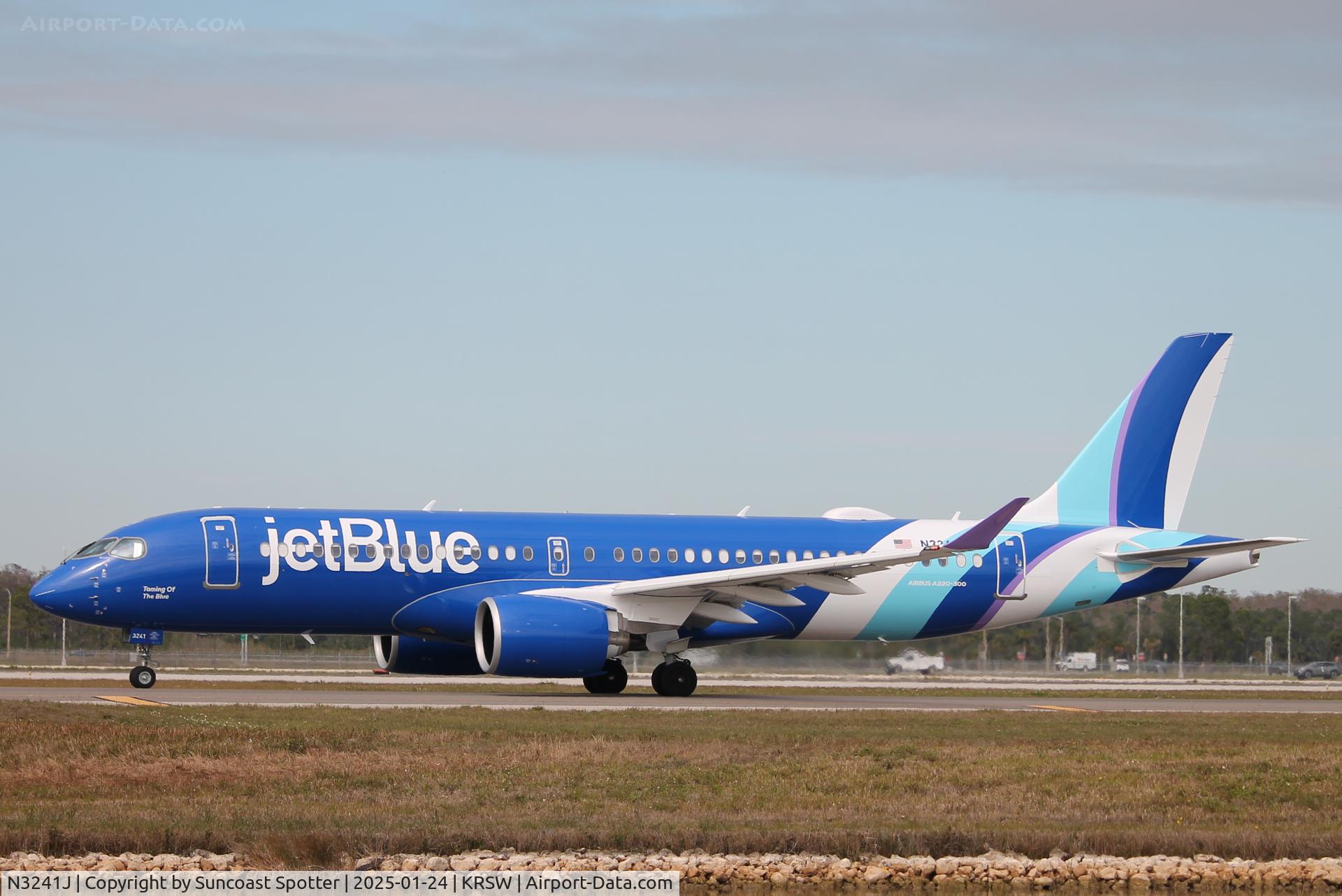 N3241J, 2024 Airbus A220-371 C/N 55315, JetBlue Flight 2066 taxis at Southwest Florida International Airport prior to flight to Boston-Logan International Airport