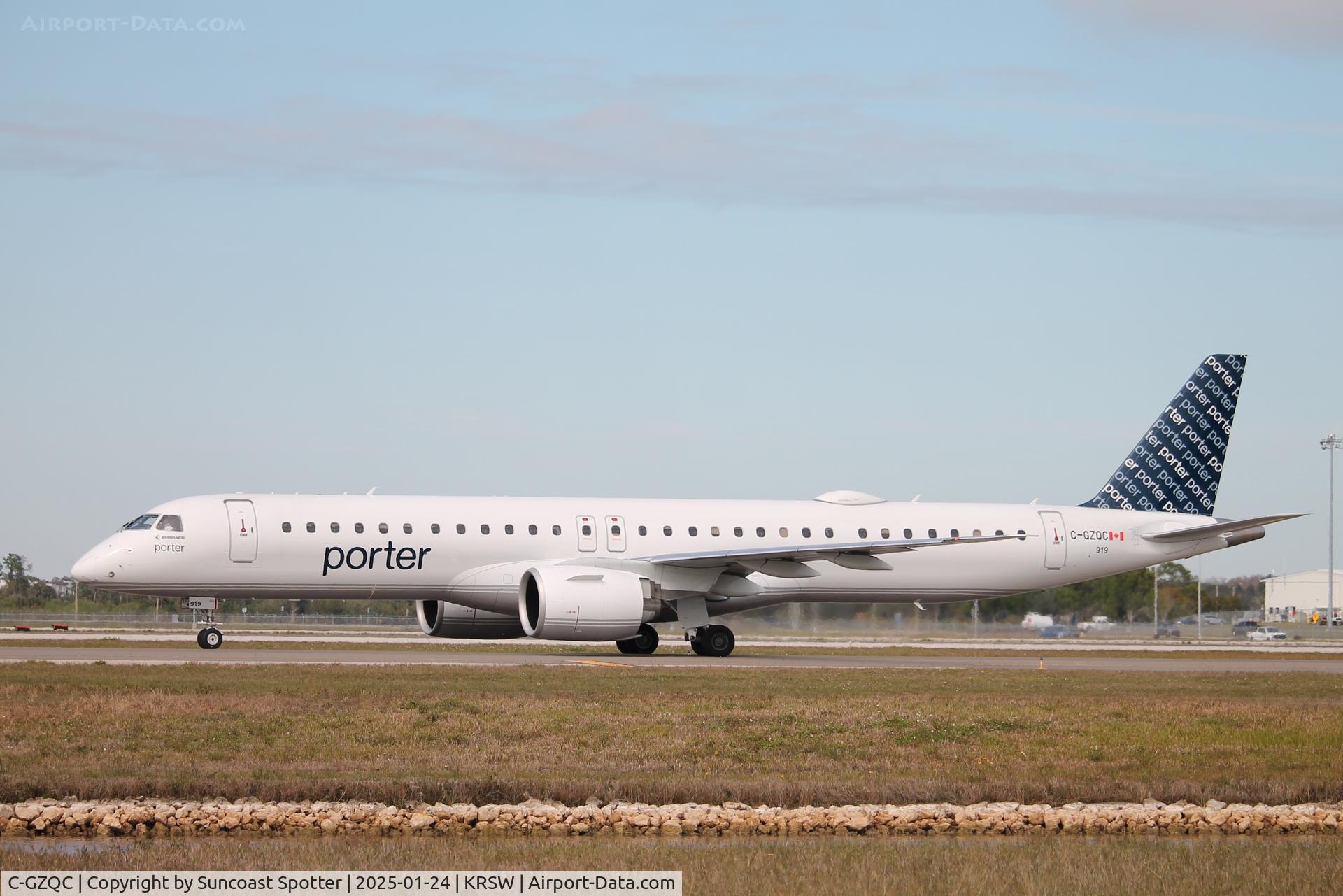 C-GZQC, 2023 Embraer E195-E2 C/N 19020102, Porter Flight 570 taxis at Southwest Florida International Airport prior to flight to Montreal Pierre Elliott Trudeau Airport