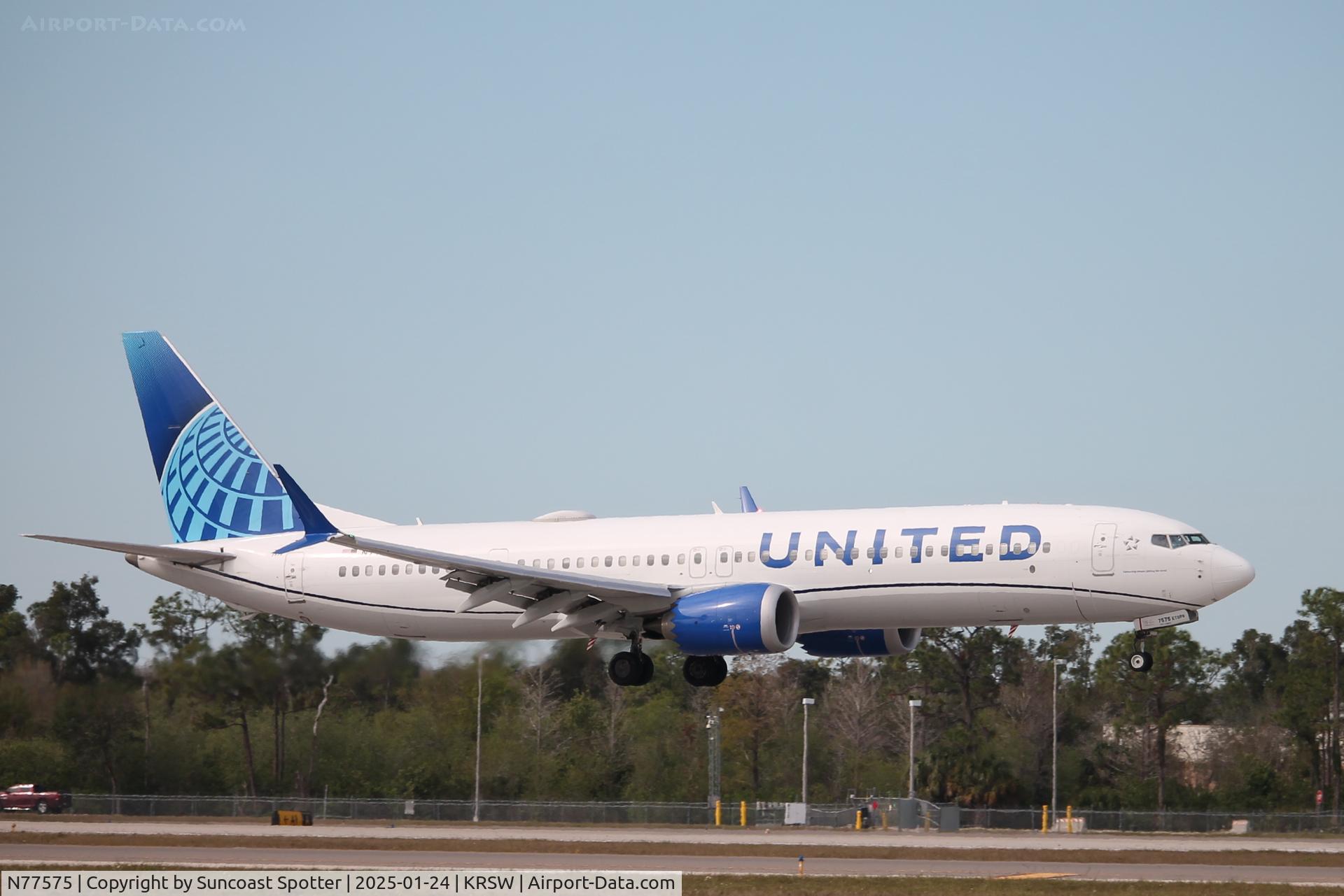 N77575, 2023 Boeing 737-9 MAX C/N 67609, United Flight 424 arrives on Runway 6 at Southwest Florida International Airport following flight from Denver International Airport