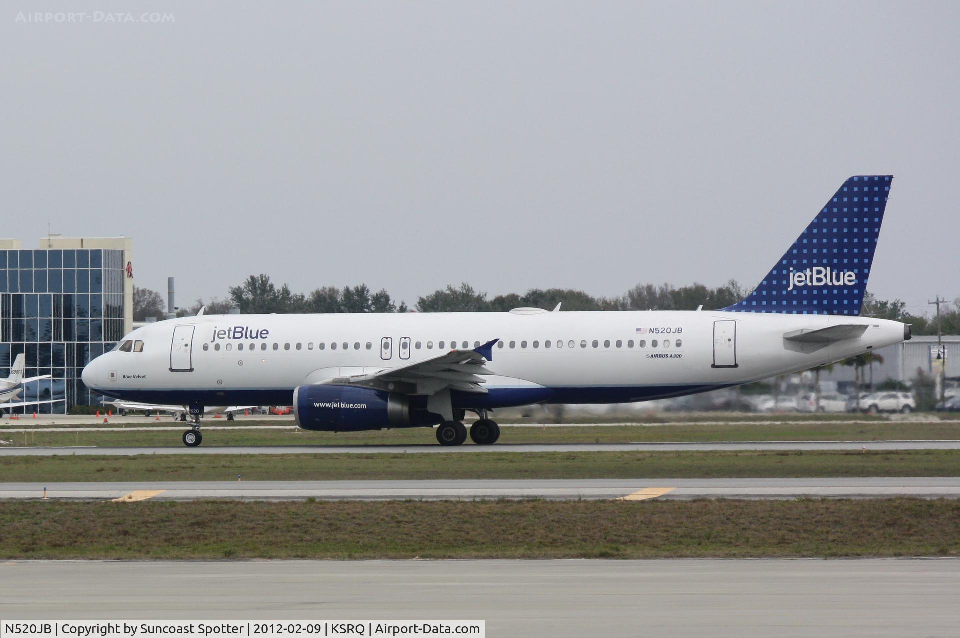N520JB, 2001 Airbus A320-232 C/N 1446, JetBlue Flight 346 departs Runway 32 at Sarasota-Bradenton International Airport enroute to John F Kennedy International Airport