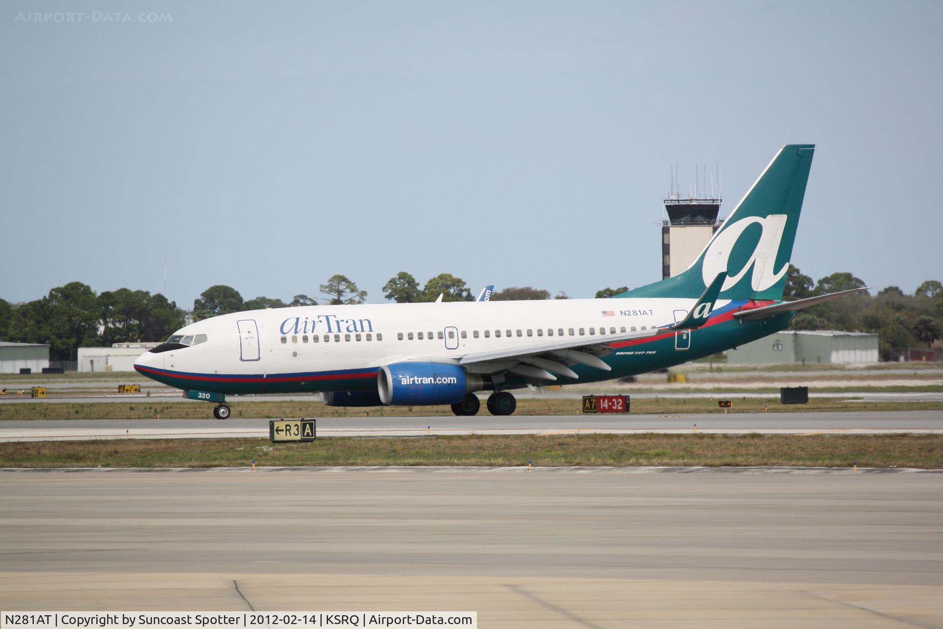 N281AT, 2006 Boeing 737-7BD C/N 33922, AirTran Flight 696 arrives on Runway 14 at Sarasota-Bradenton International Airport following a flight from Hartsfield-Jackson Atlanta International Airport
