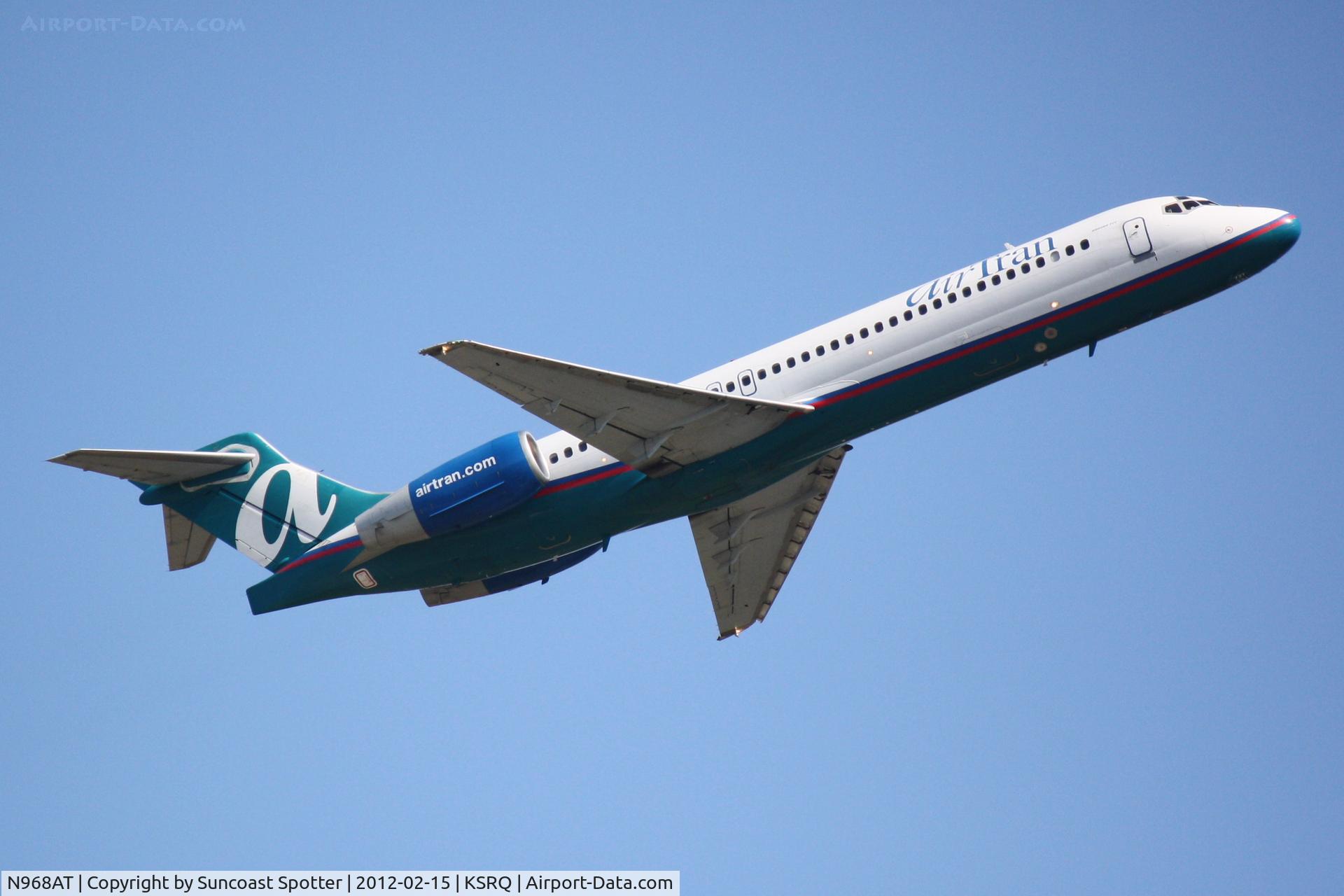 N968AT, 2001 Boeing 717-200 C/N 55029, AirTran Flight 1229 departs Runway 14 at Sarasota-Bradenton International Airport enroute to Indianapolis International Airport