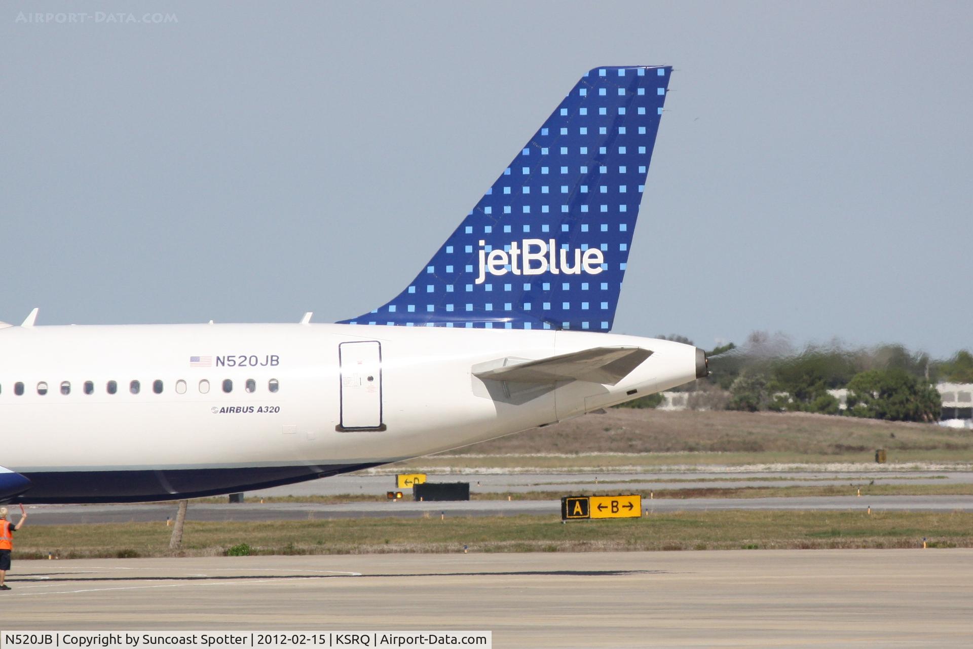 N520JB, 2001 Airbus A320-232 C/N 1446, JetBlue Flight 346 departs Runway 14 at Sarasota-Bradenton International Airport enroute to John F Kennedy International Airport