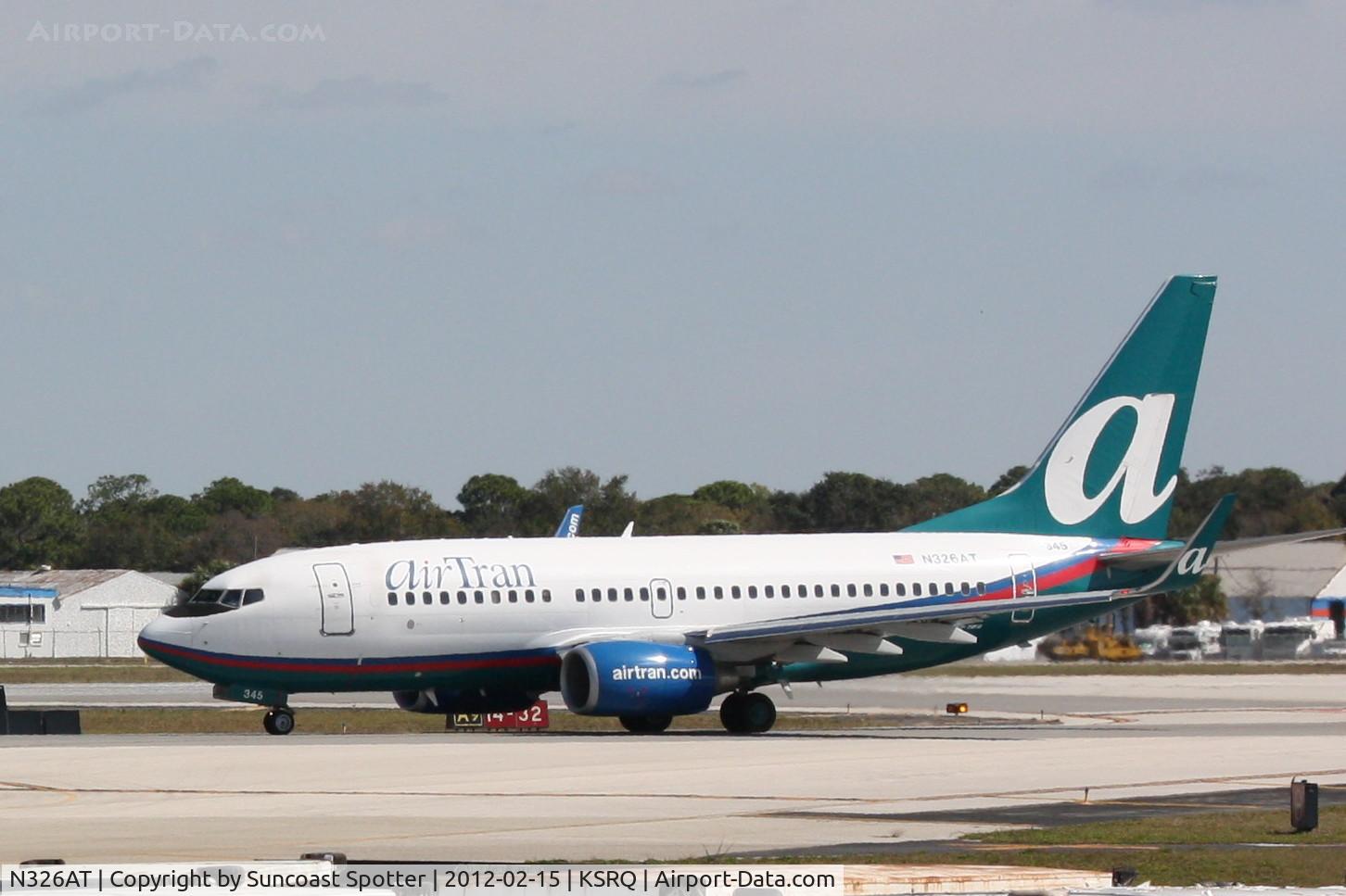 N326AT, 2007 Boeing 737-7BD C/N 33933, AirTran Flight 696 arrives on Runway 14 at Sarasota-Bradenton International Airport following a flight from Hartsfield-Jackson Atlanta International Airport