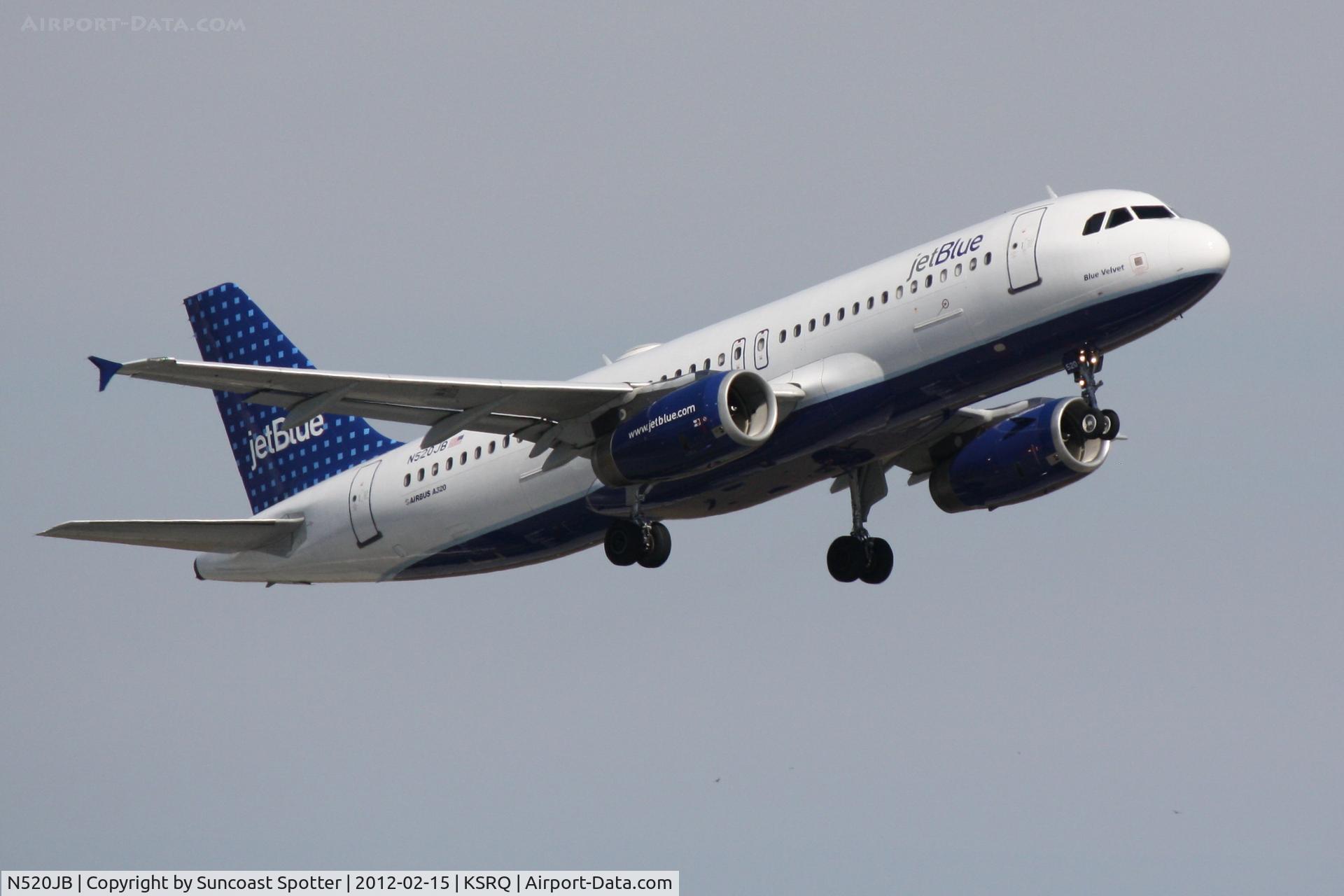 N520JB, 2001 Airbus A320-232 C/N 1446, JetBlue Flight 346 departs Runway 14 at Sarasota-Bradenton International Airport enroute to John F Kennedy International Airport