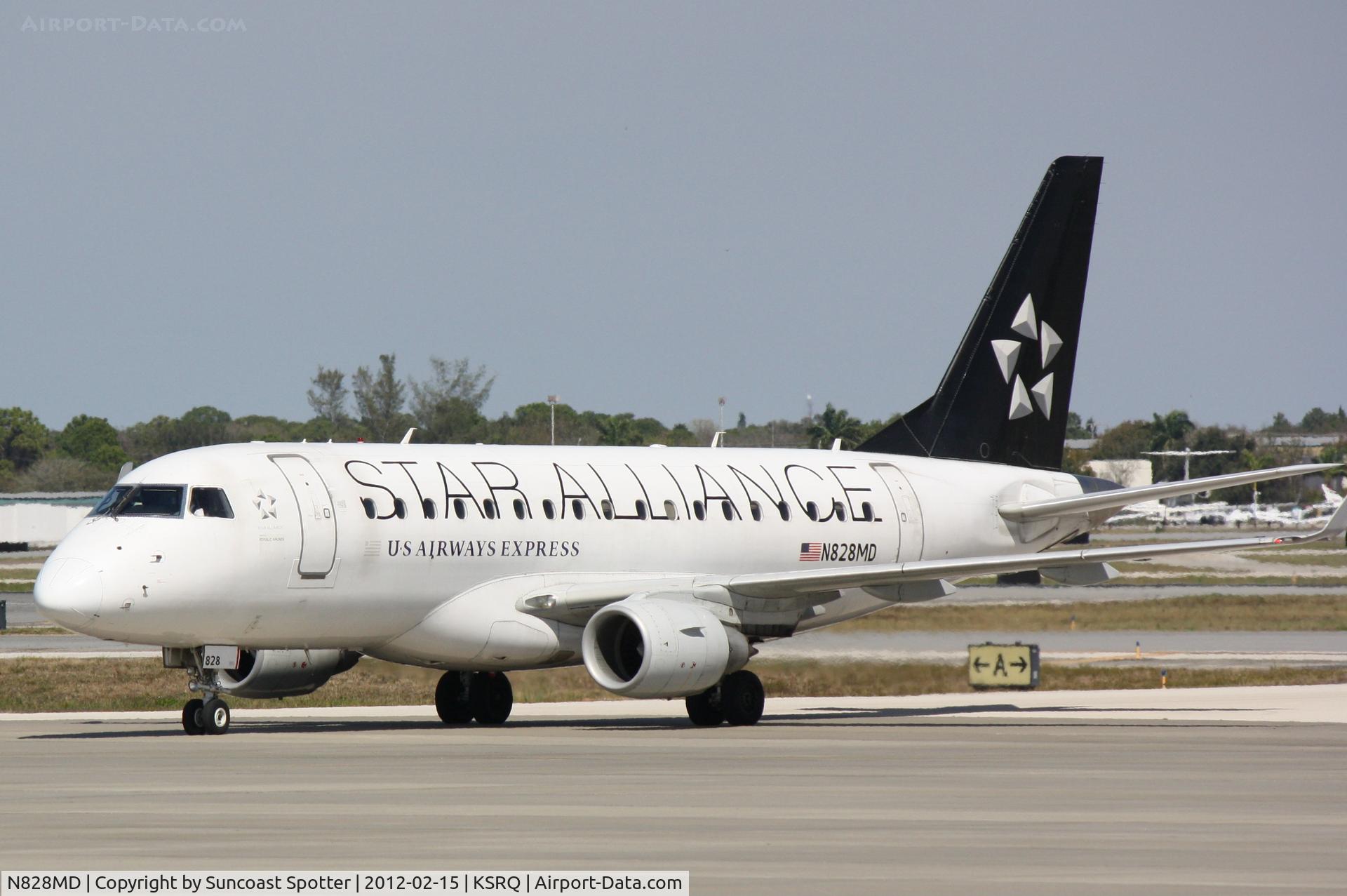 N828MD, 2005 Embraer 170SU (ERJ-170-100SU) C/N 17000048, Republic/US Air Flight 3399 arrives on Runway 14 at Sarasota-Bradenton International Airport following a flight from Reagan National Airport