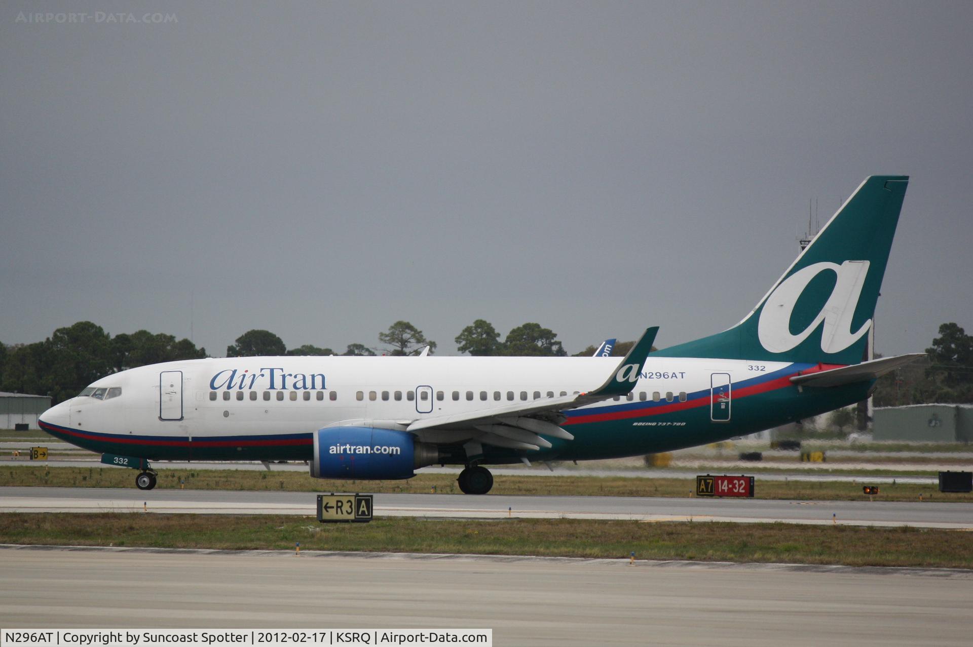 N296AT, 2006 Boeing 737-7BD C/N 34861, AirTran Flight 696 arrives on Runway 14 at Sarasota-Bradenton International Airport following a flight from Hartsfield-Jackson Atlanta International Airport