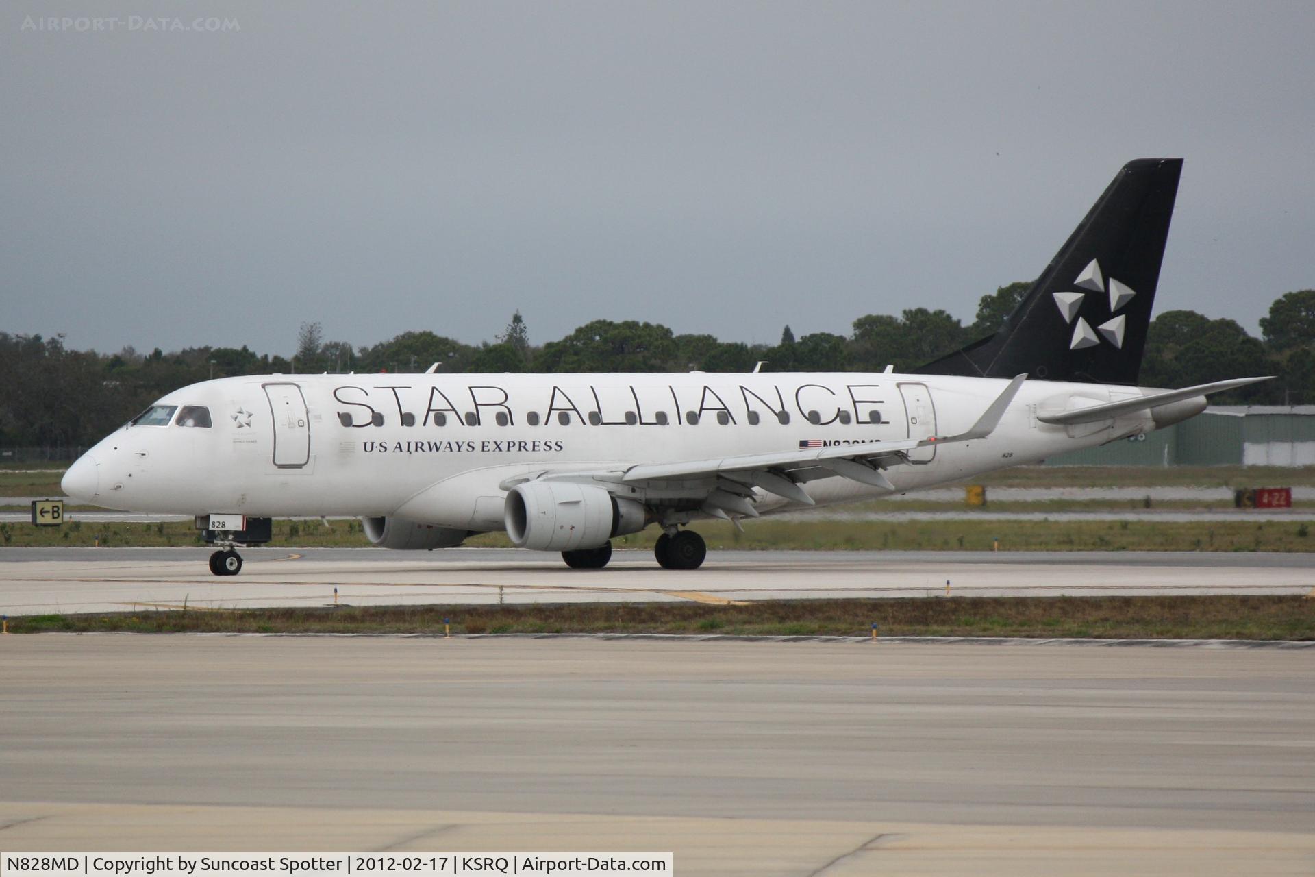 N828MD, 2005 Embraer 170SU (ERJ-170-100SU) C/N 17000048, Republic/US Air Flight 3399 arrives on Runway 14 at Sarasota-Bradenton International Airport following a flight from Reagan National Airport