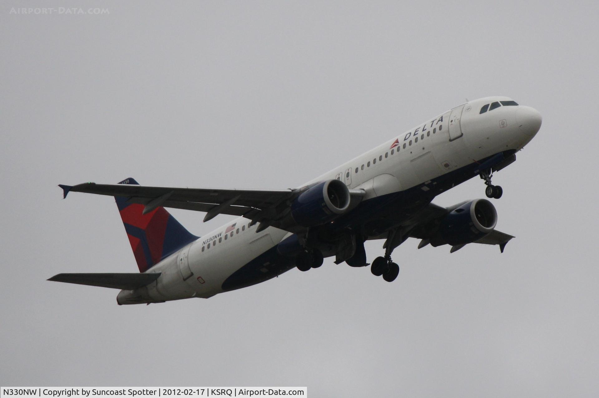 N330NW, 1992 Airbus A320-211 C/N 307, Delta Flight 1146 departs Runway 14 at Sarasota-Bradenton International Airport enroute to Detroit Metro/Wayne County Airport