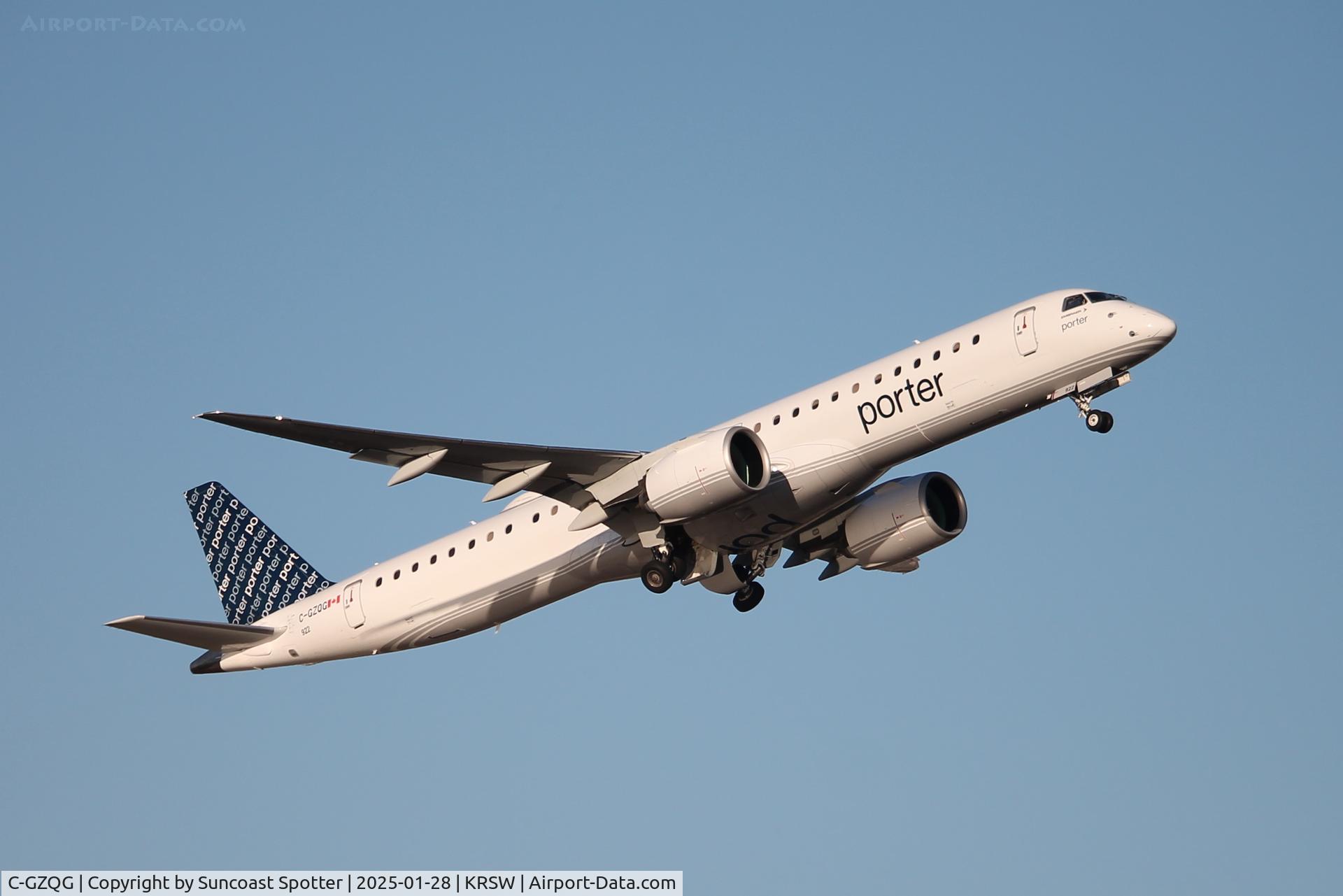 C-GZQG, 2023 Embraer E195-E2 C/N 19020105, Porter Flight 536 departs Runway 6 a Southwest Florida International Airport enroute to Toronto International Airport