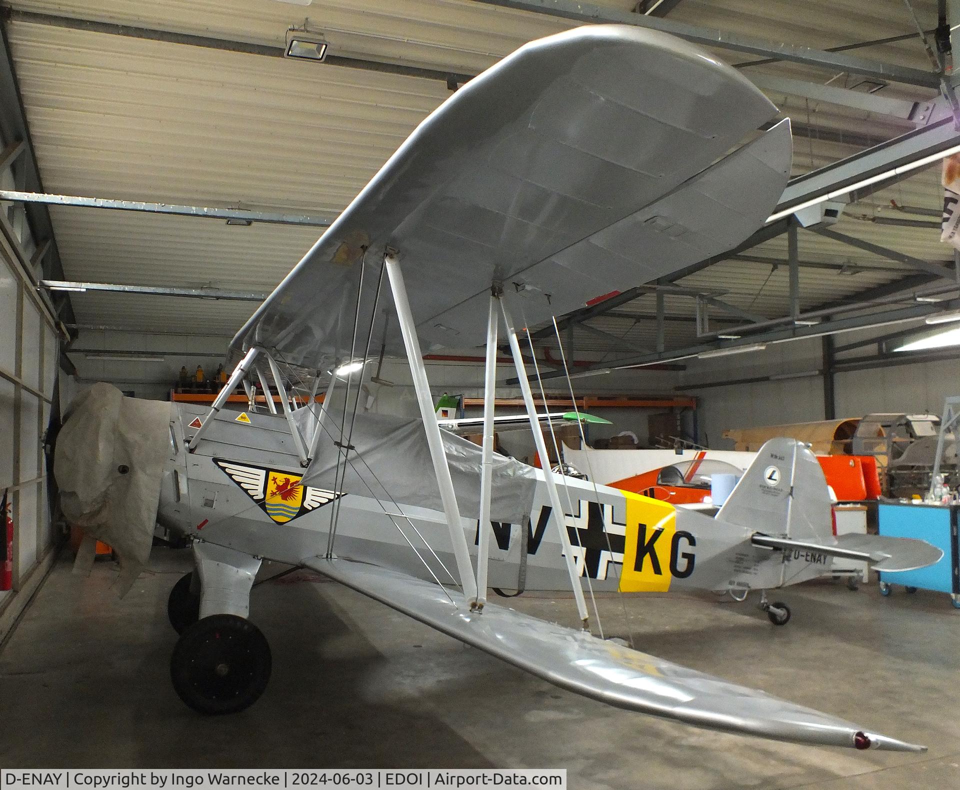 D-ENAY, 1940 Focke-Wulf Sk12 Stieglitz (Fw-44J) C/N 45, Focke-Wulf Fw 44J Stieglitz undergoing maintenance at Bienenfarm airfield (home of part of the collection of Quax, association for the promotion of historic aircraft e.V.), Paulinenaue