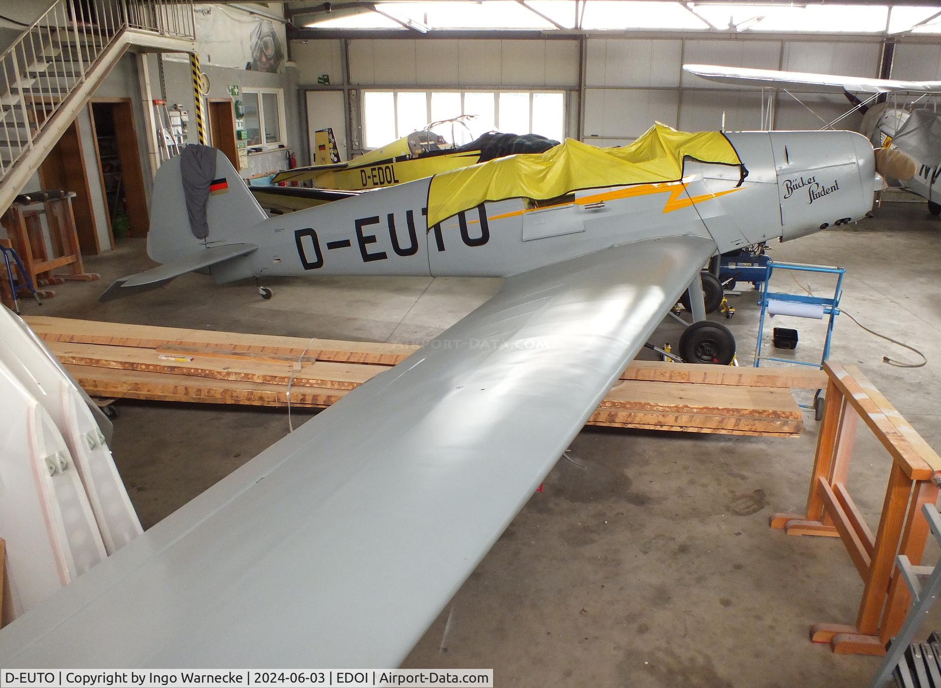 D-EUTO, 1939 Bucker Bu-180B Student C/N 2115, Bücker Bü 180B Student undergoing maintenance at Bienenfarm airfield (home of part of the collection of Quax, association for the promotion of historic aircraft e.V.), Paulinenaue