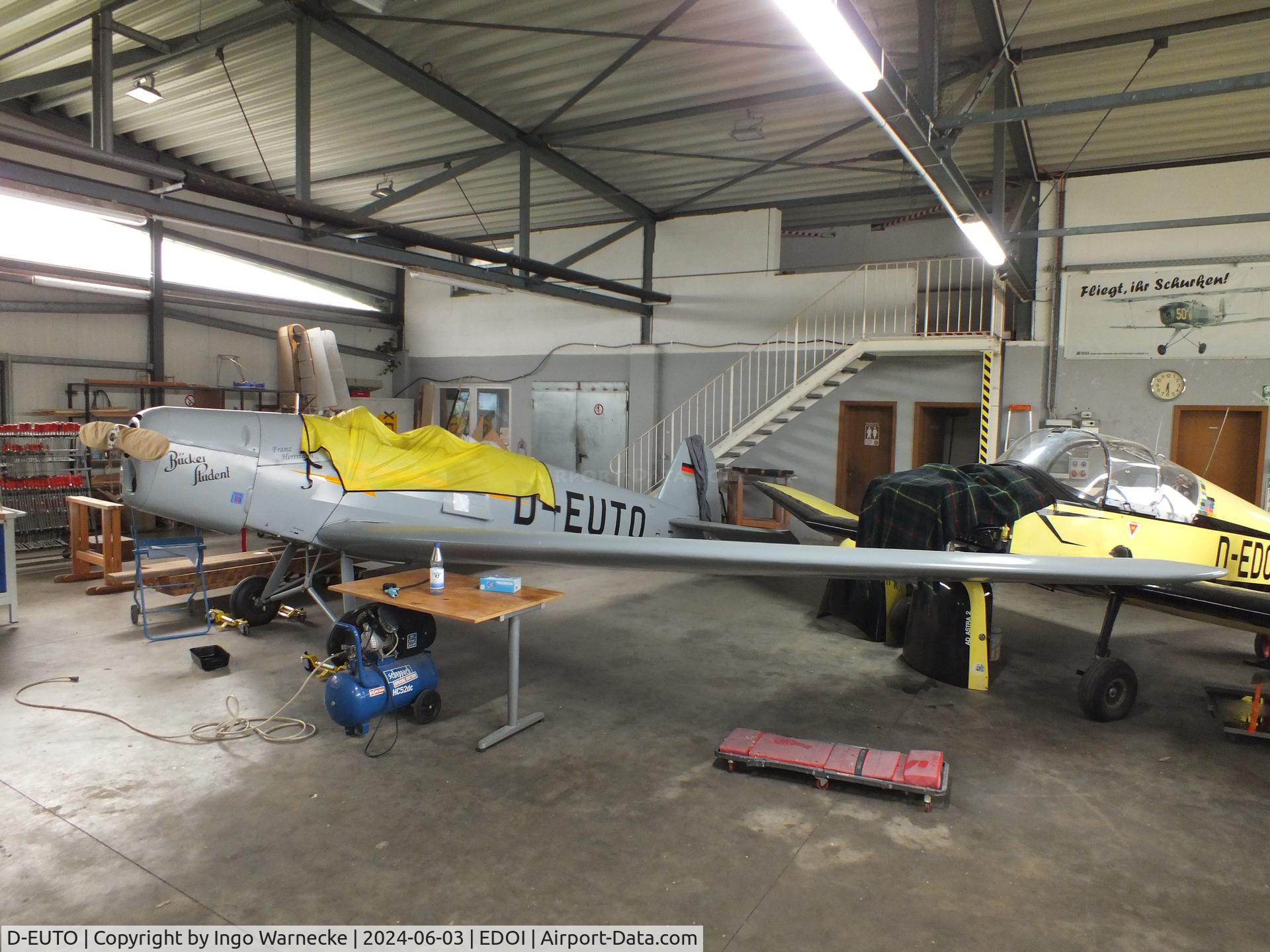 D-EUTO, 1939 Bucker Bu-180B Student C/N 2115, Bücker Bü 180B Student undergoing maintenance at Bienenfarm airfield (home of part of the collection of Quax, association for the promotion of historic aircraft e.V.), Paulinenaue