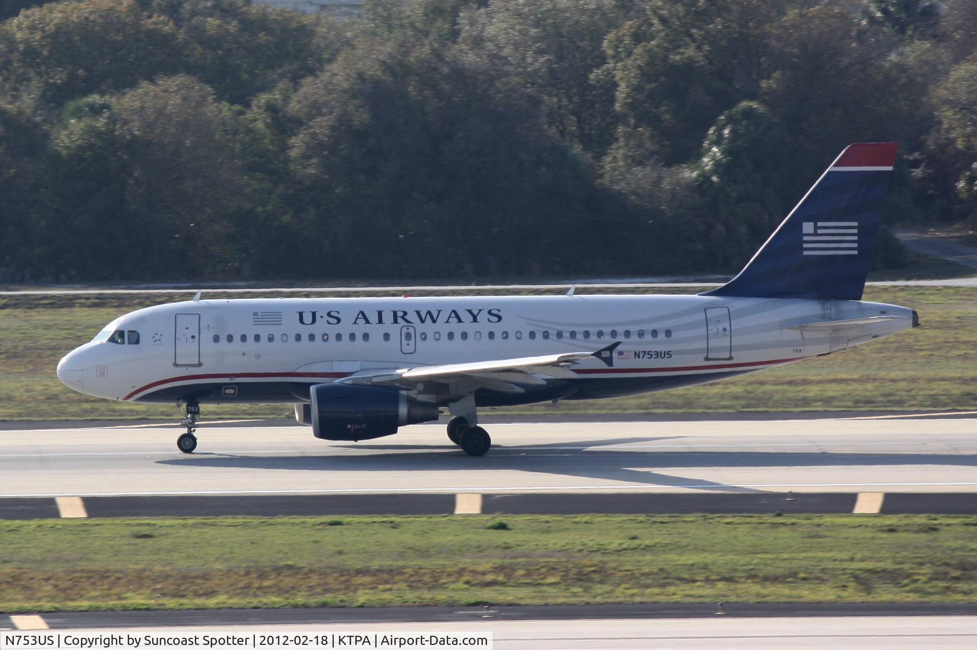 N753US, 2000 Airbus A319-112 C/N 1326, US Air Flight 1244 departs Runway 19R at Tampa International Airport enroute to Philadelphia International Airport