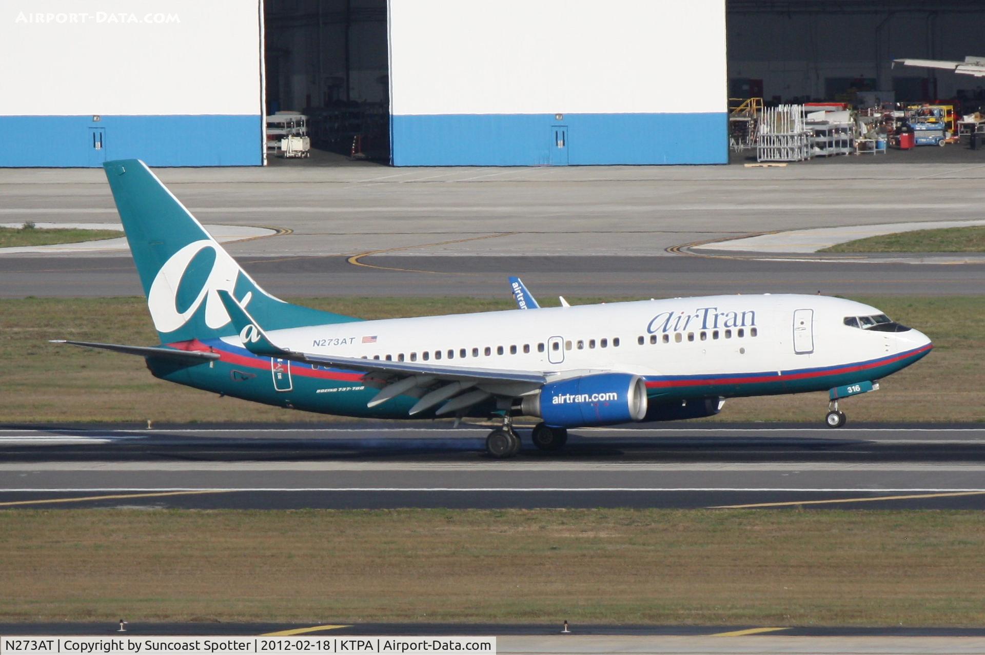 N273AT, 2005 Boeing 737-76N C/N 32662, AirTran Flight 125 arrives on Runway 19L at Tampa International Airport following a flight from Hartfield-Jackson International Airport