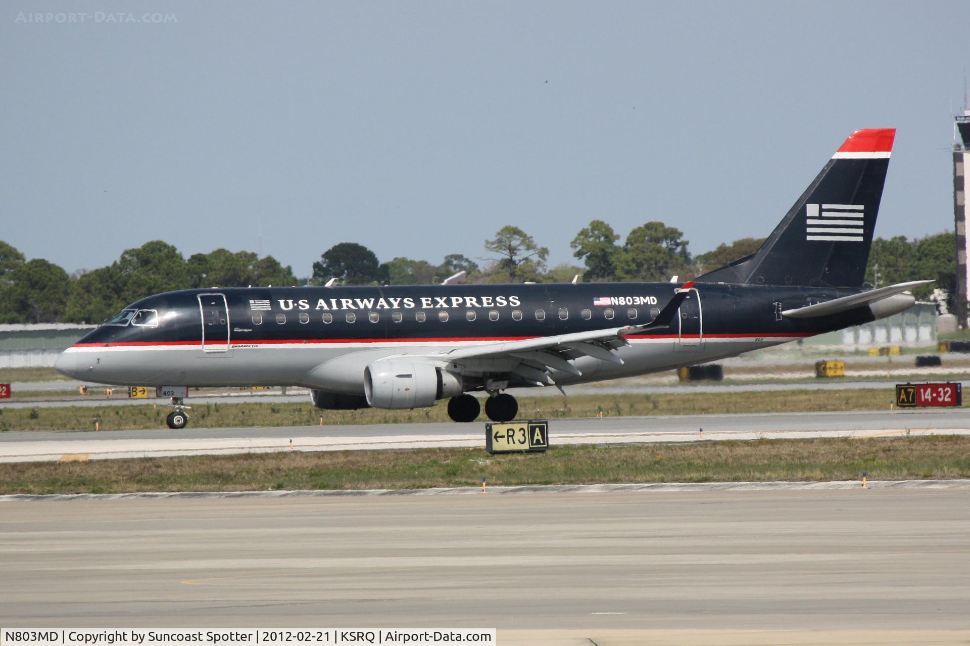 N803MD, 2004 Embraer 170SU (ERJ-170-100SU) C/N 17000015, Republic/US Air Flight 3399 arrives on Runway 14 at Sarasota-Bradenton International Airport following a flight from Reagan National Airport