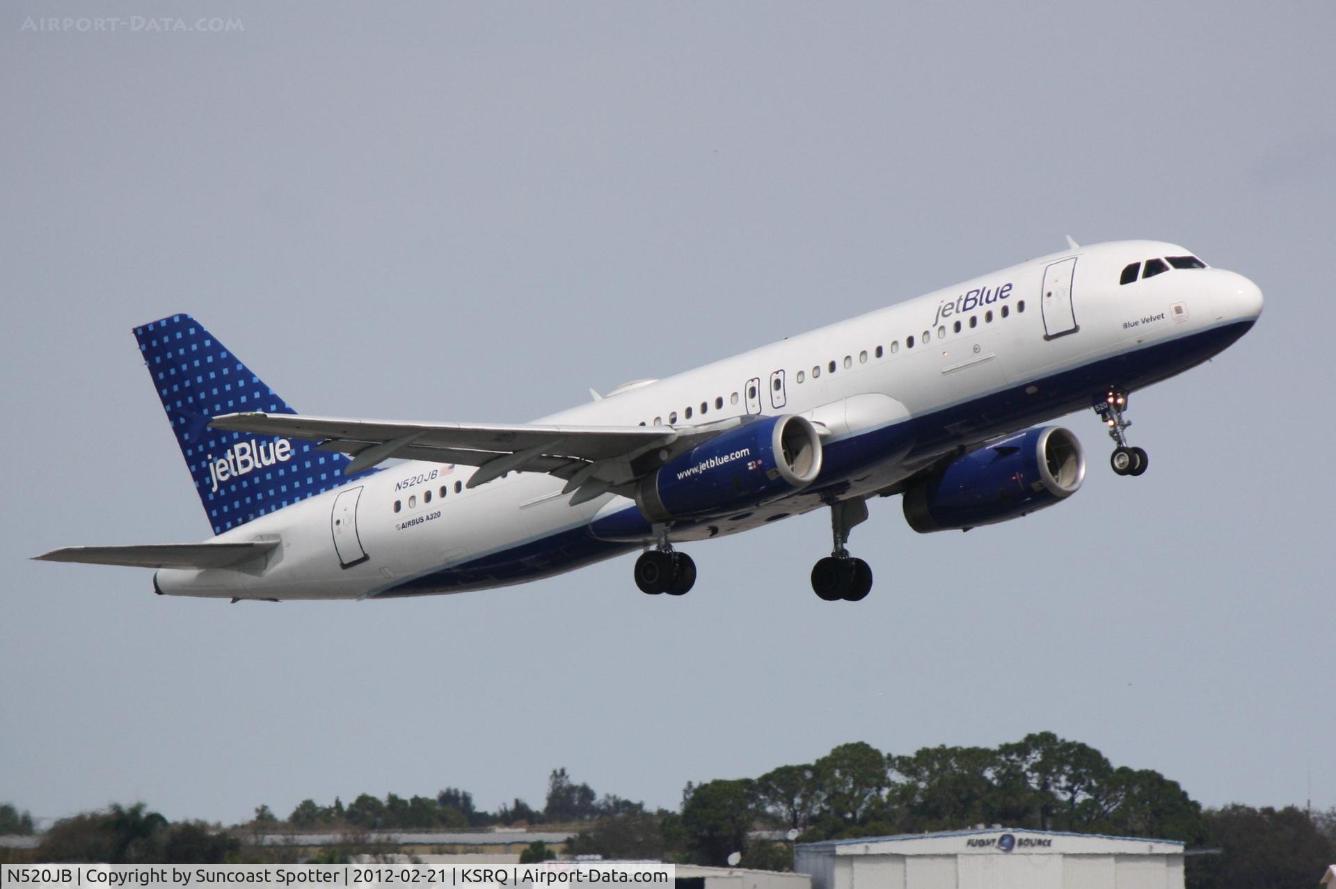 N520JB, 2001 Airbus A320-232 C/N 1446, JetBlue Flight 346 departs Runway 14 at Sarasota-Bradenton International Airport enroute to John F Kennedy International Airport