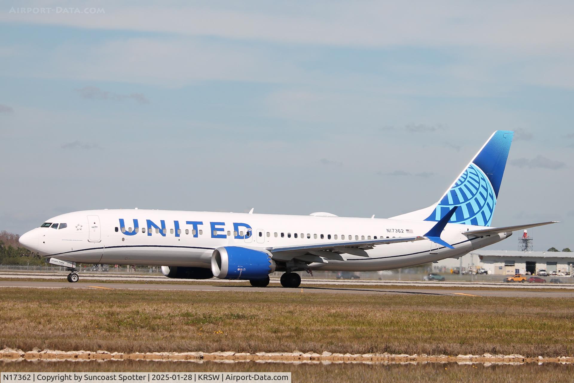 N17362, 2024 Boeing 737 MAX 8 C/N 68808, United Flight 679 taxis at Southwest Florida International Airport prior to flight to Cleveland-Hopkins International Airport