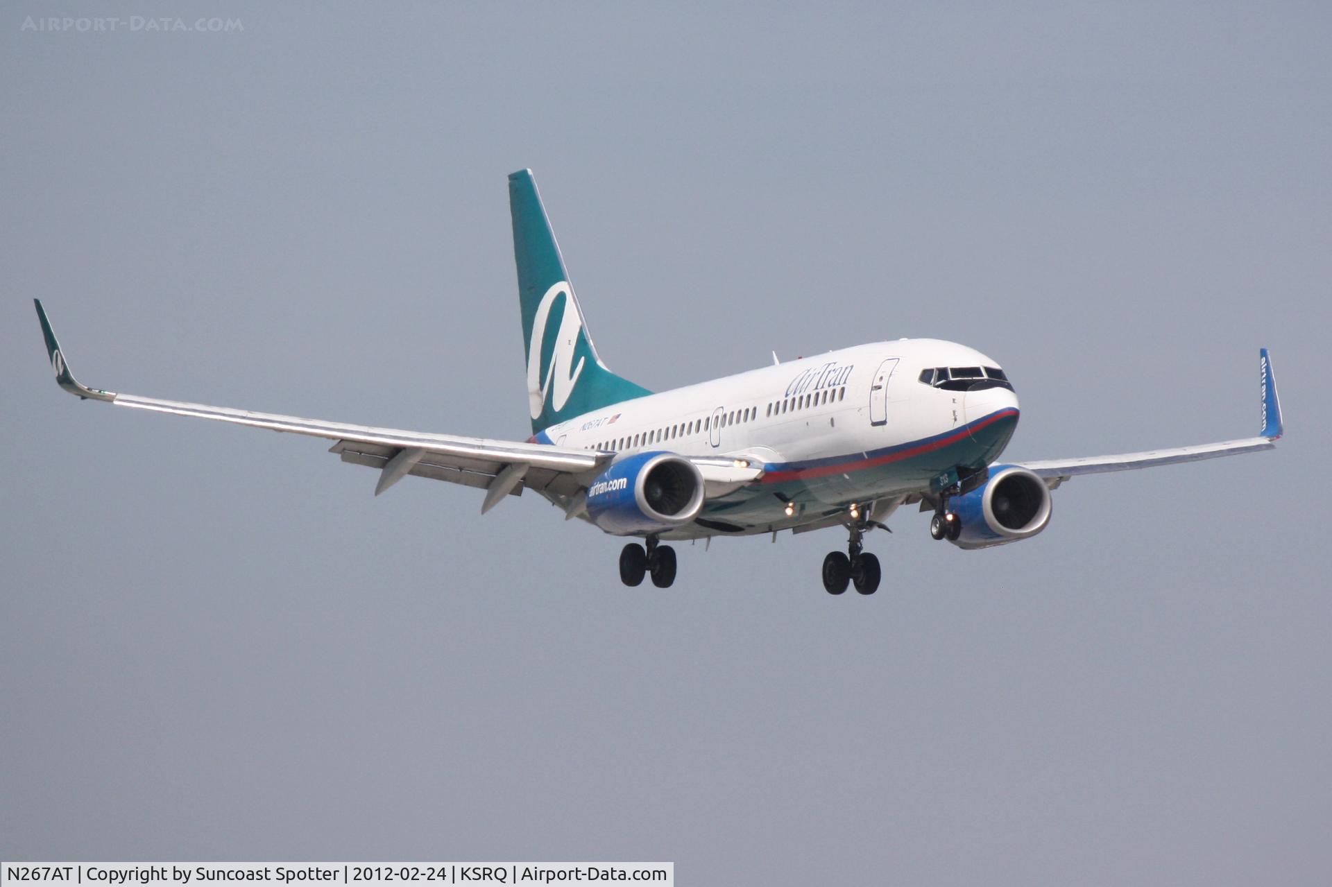 N267AT, 2005 Boeing 737-7BD C/N 33919, AirTran Flight 696 on approach to Runway 14 at Sarasota-Bradenton International Airport following a flight from Hartsfield-Jackson International Airport