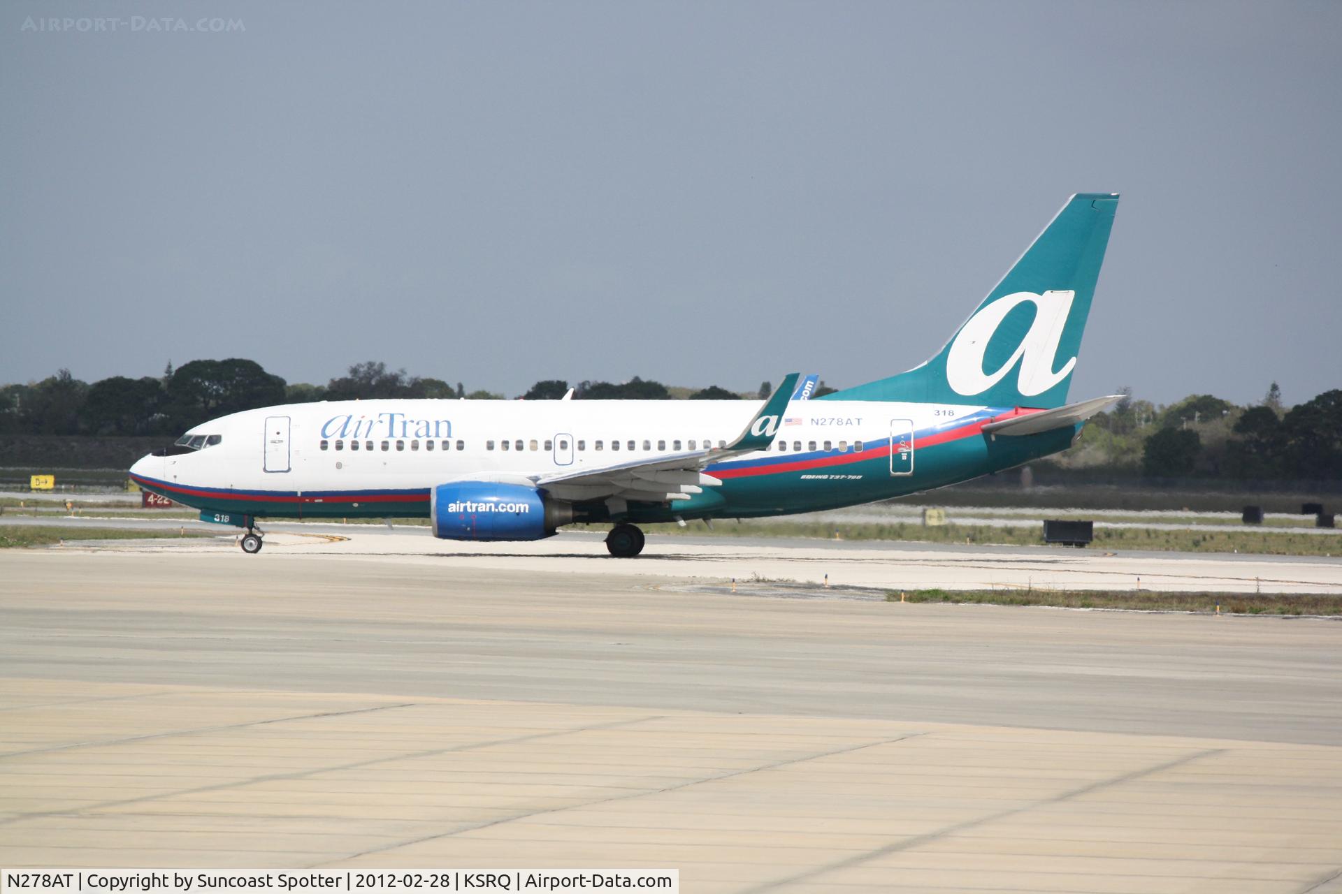 N278AT, 2005 Boeing 737-76N C/N 32665, AirTran Flight 696 arrives on Runway 14 at Sarasota-Bradenton International Airport following a flight from Hartsfield-Jackson Atlanta International Airport