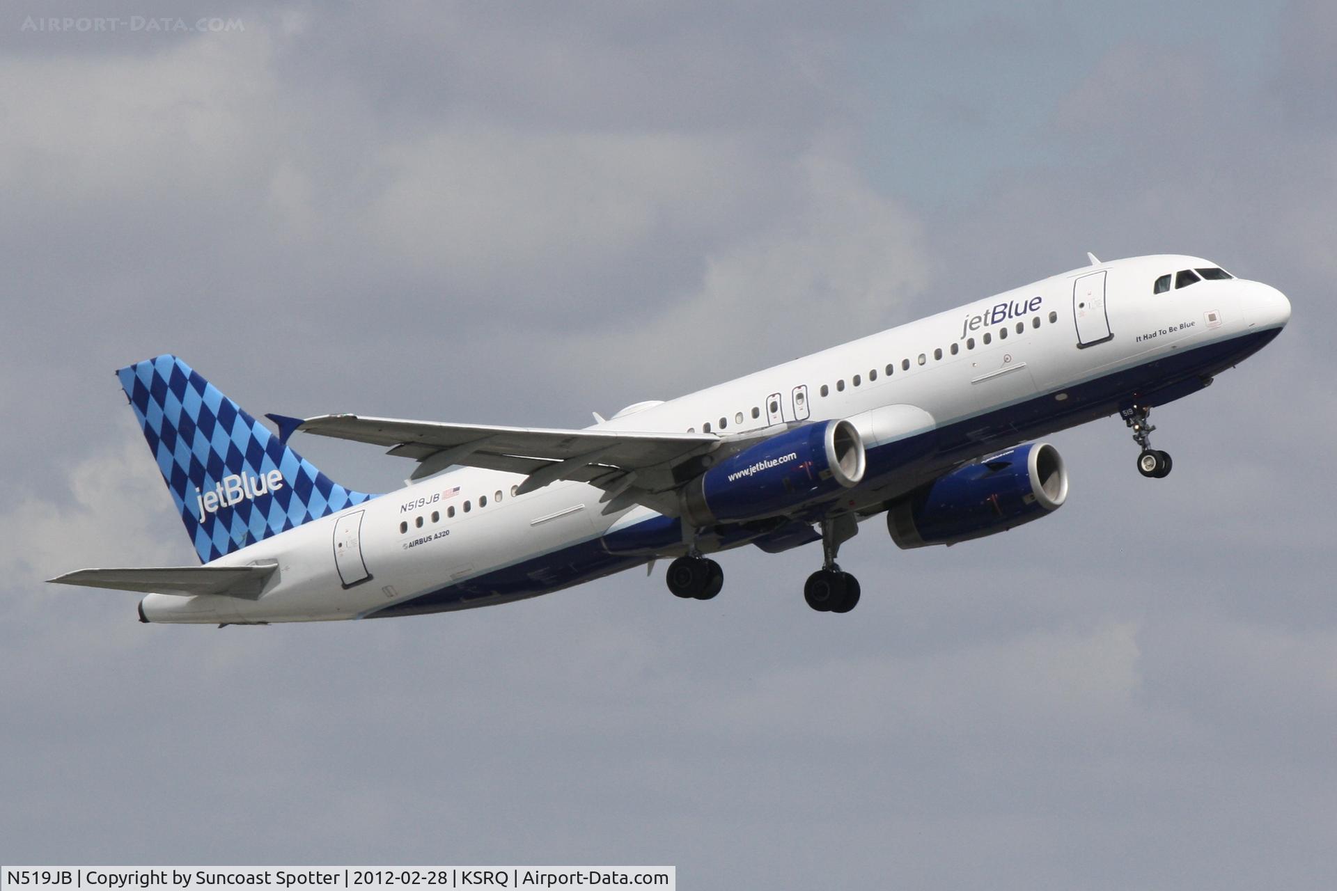 N519JB, 2001 Airbus A320-232 C/N 1398, JetBlue Flight 346 departs Runway 14 at Sarasota International Airport enroute to John F Kennedy International Airport