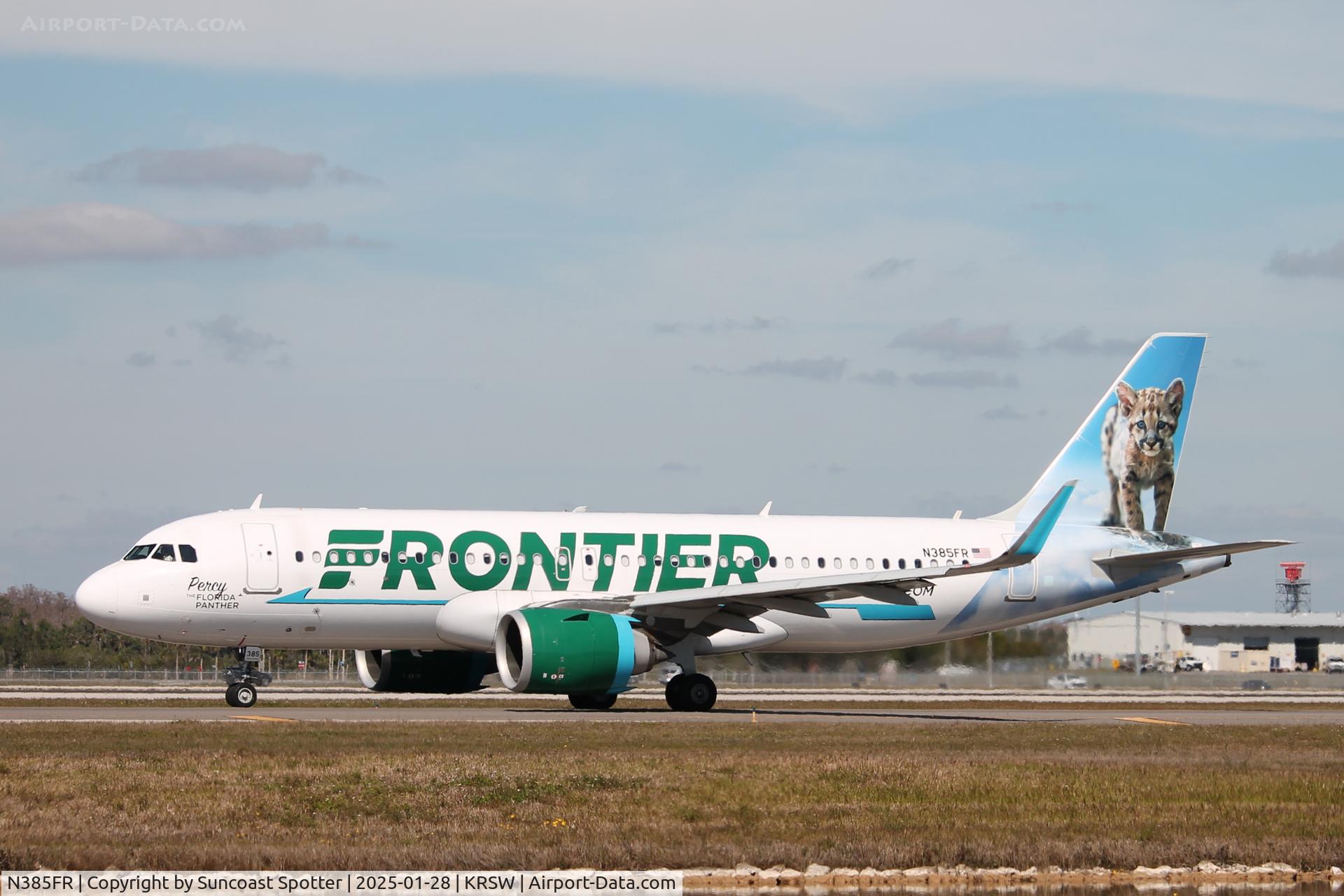 N385FR, 2021 Airbus A320-251N C/N 10622, Frontier Flight 1543 taxis at Southwest Florida International Airport prior to flight to Cleveland-Hopkins International Airport