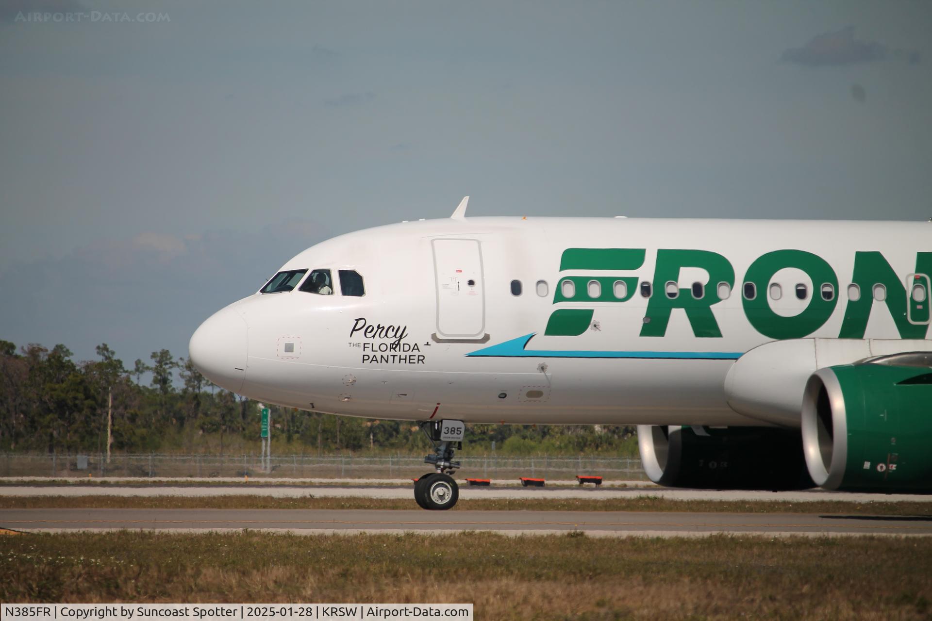 N385FR, 2021 Airbus A320-251N C/N 10622, Frontier Flight 1543 taxis at Southwest Florida International Airport prior to flight to Cleveland-Hopkins International Airport