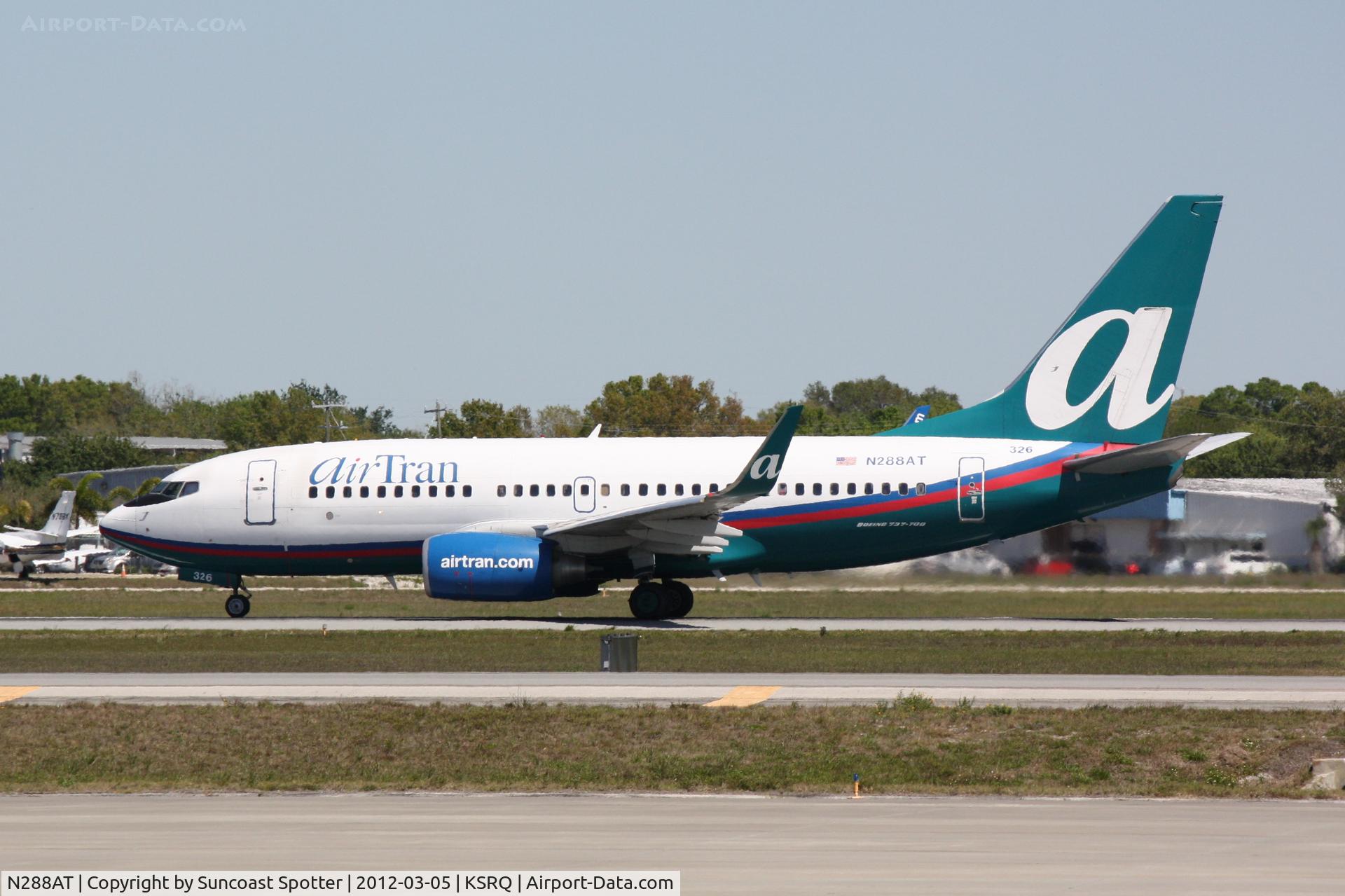 N288AT, 2006 Boeing 737-7BD C/N 33924, AirTran Flight 691 departs Runway 32 at Sarasota-Bradenton International Airport enroute to Hartsfield-Jackson Atlanta International Airport
