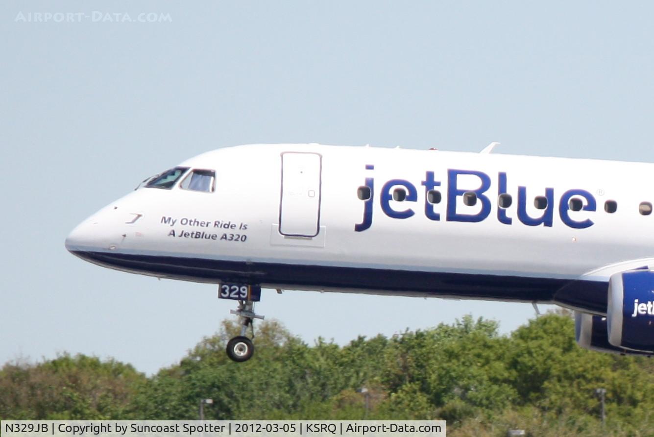 N329JB, Embraer ERJ-190-100 IGW 190AR C/N 19000433, JetBlue Flight 1187 arrives on Runway 32 at Sarasota-Bradenton International Airport following a flight from Boston Logan International Airport