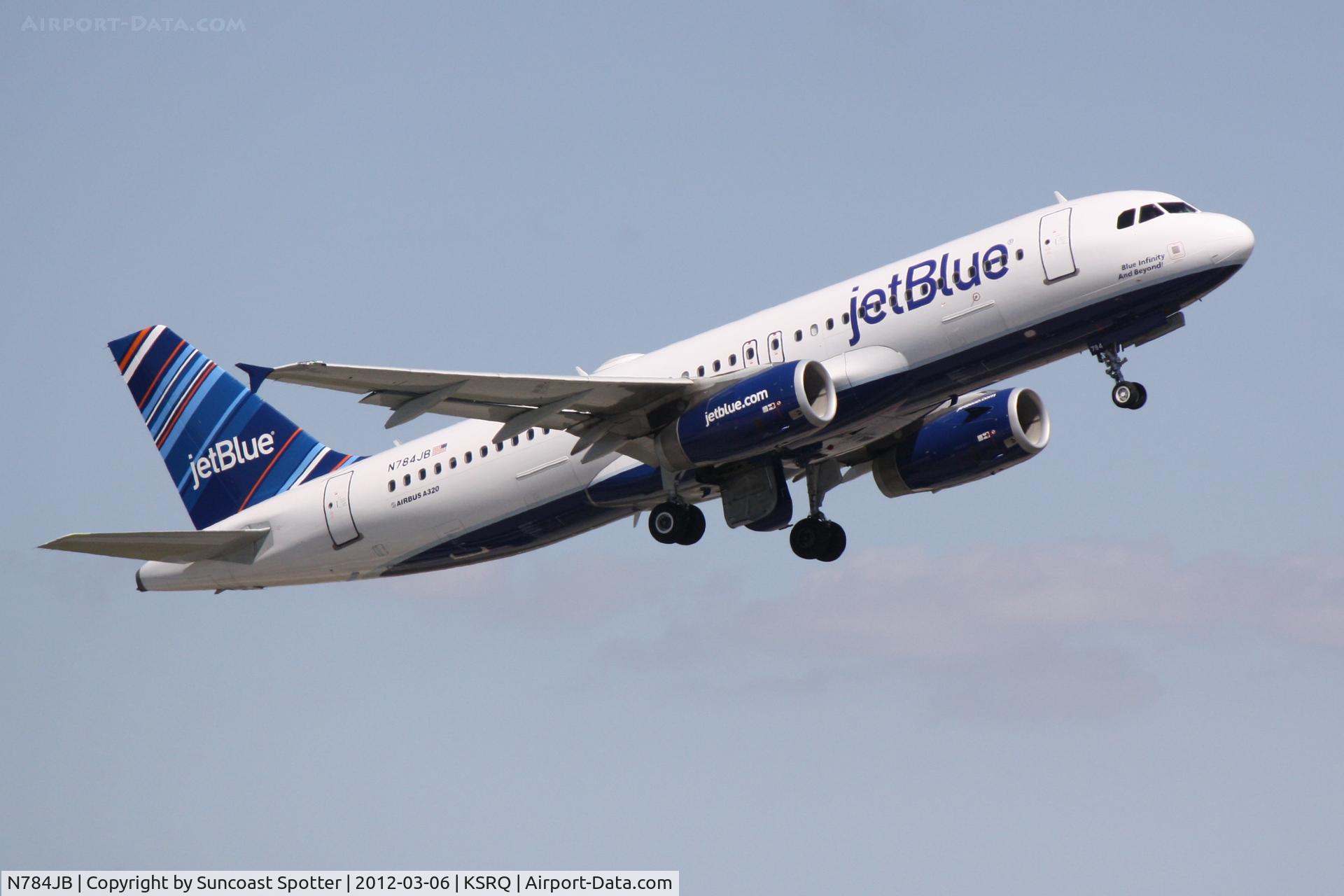 N784JB, 2010 Airbus A320-232 C/N 4578, JetBlue Flight 346 departs Runway 14 at Sarasota-Bradenton International Airport enroute to John F Kennedy International Airport
