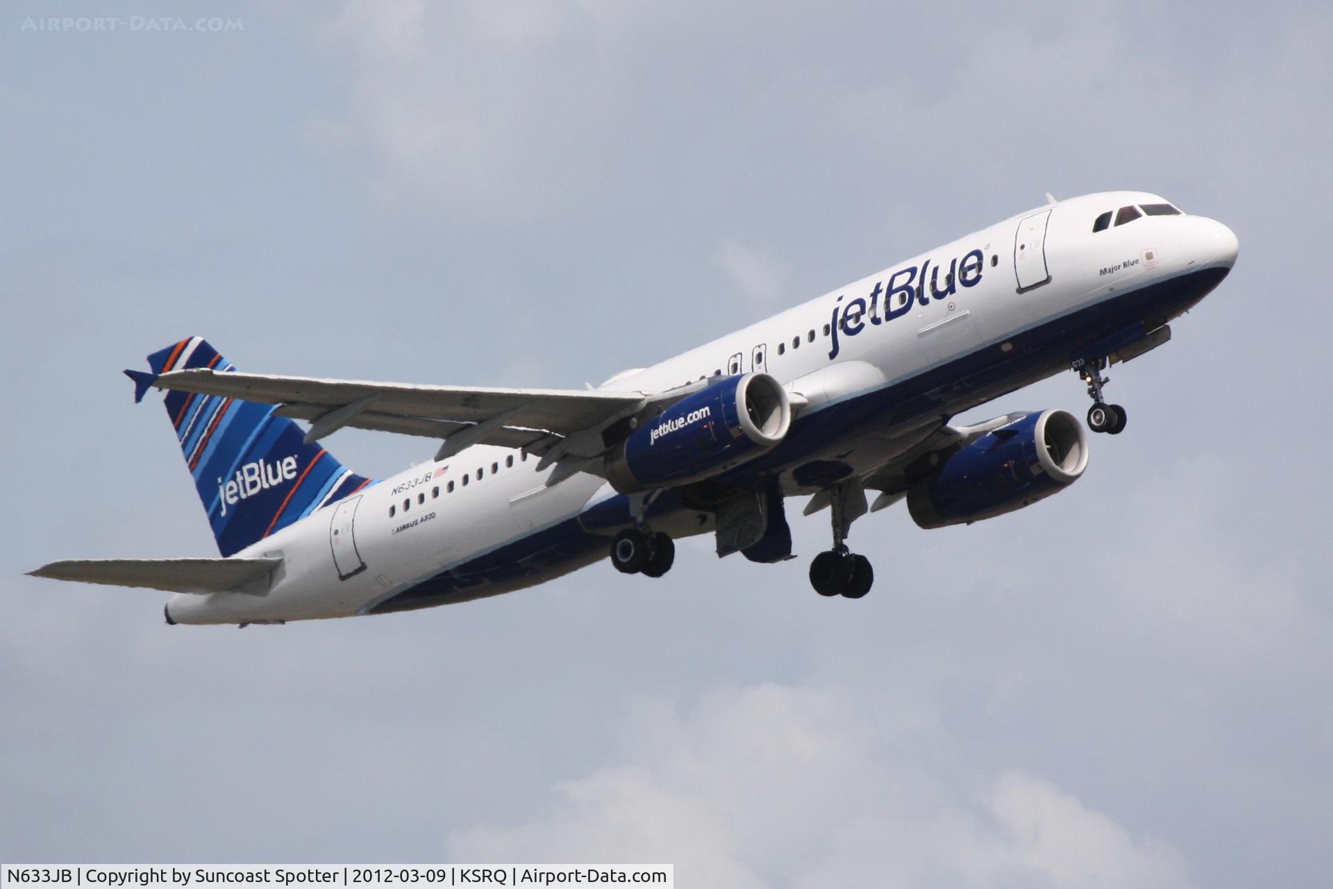 N633JB, 2006 Airbus A320-232 C/N 2671, JetBlue Flight 346 departs Runway 14 at Sarasota-Bradenton International Airport enroute to John F Kennedy International Airport