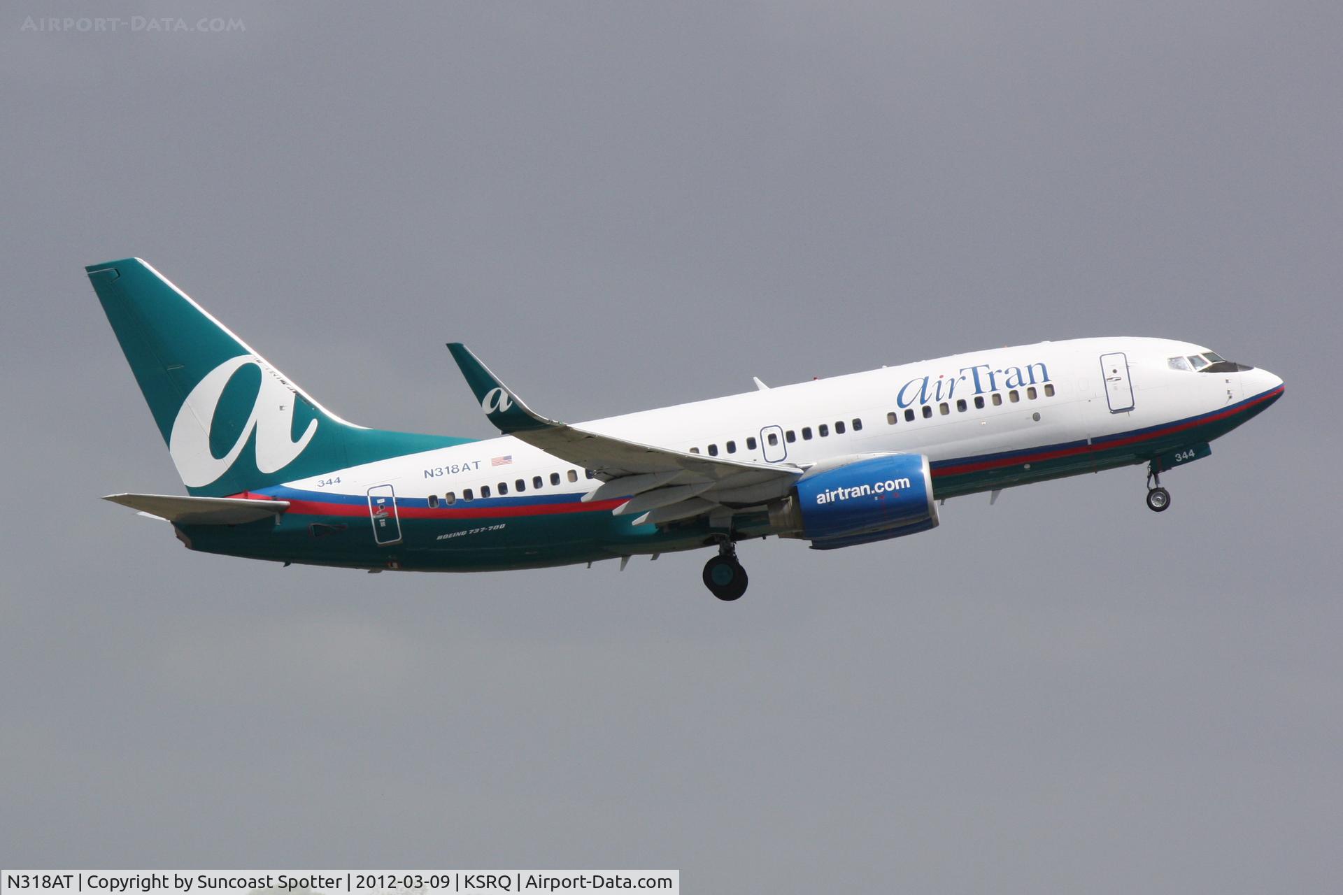 N318AT, 2007 Boeing 737-7BD C/N 33931, AirTran Flight 696 departs Runway 14 at Sarasota-Bradenton International Airport enroute to Hartsfield-Jackson Atlanta International Airport