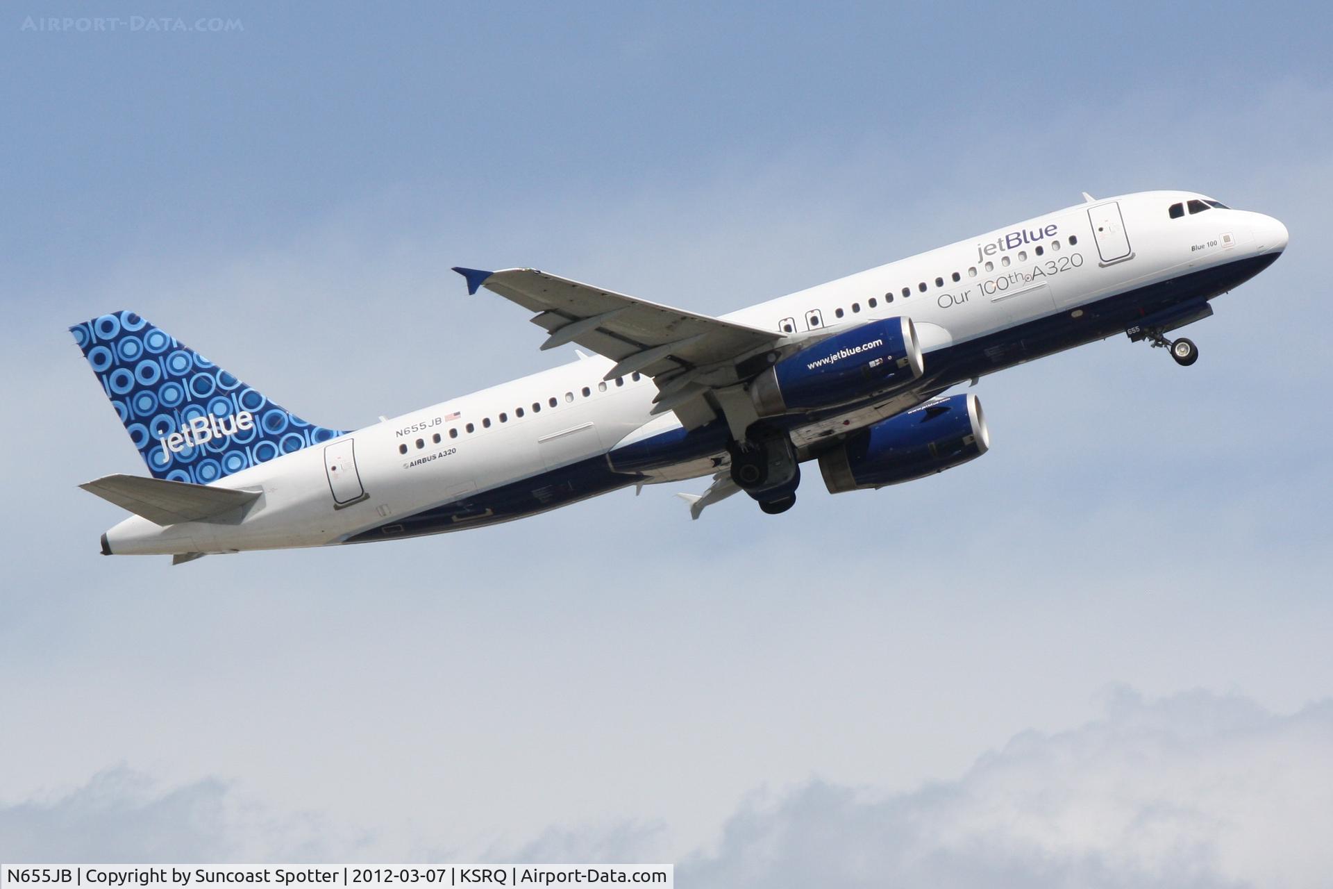 N655JB, 2007 Airbus A320-232 C/N 3072, JetBlue Flight 346 departs Runway 14 at Sarasota-Bradenton International Airport enroute to John F Kennedy International Airport