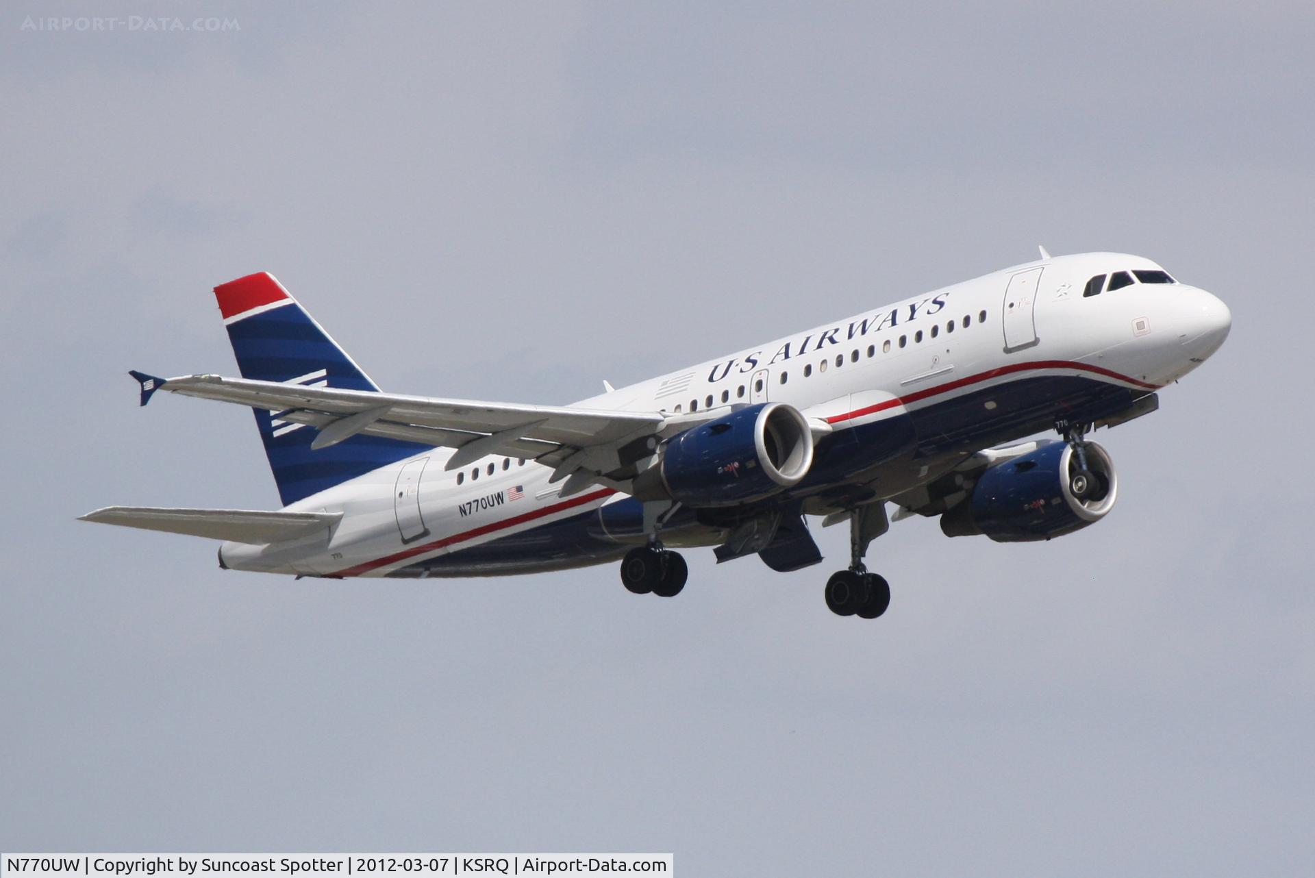 N770UW, 2000 Airbus A319-112 C/N 1393, US Air Flight 1578 departs Runway 14 at Sarasota-Bradenton International Airport enroute to Charlotte-Douglas International Airport